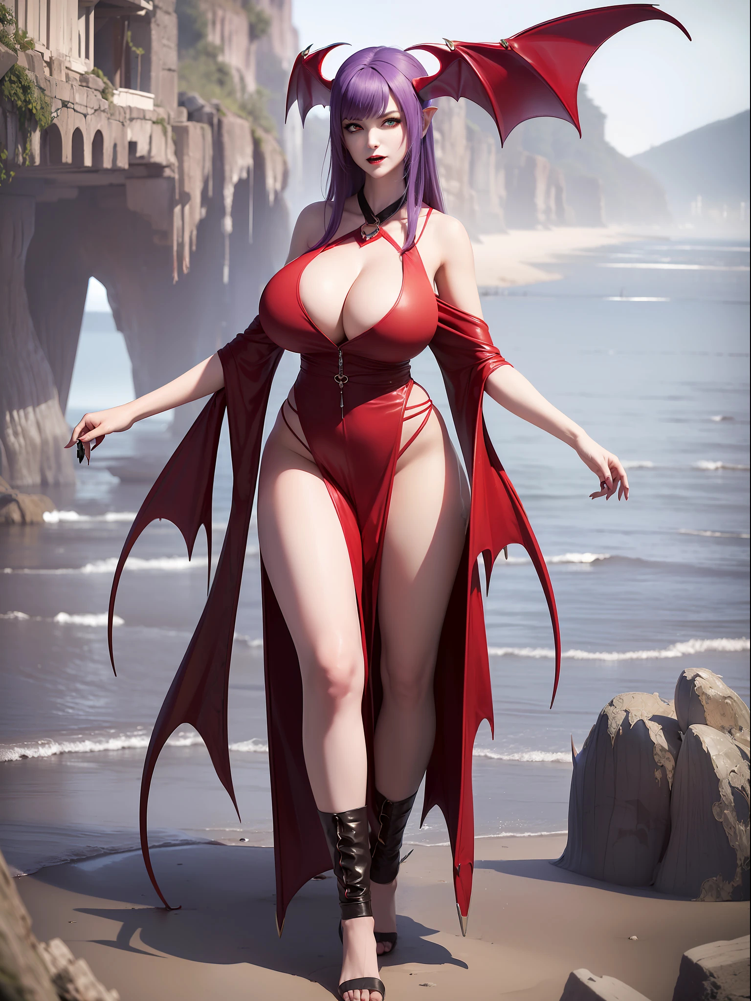 (full-body photo/standing/looking at the viewer:1.5), (Woman/Vampire:2), (extremely giant breasts:2), (extremely small/extremely tight on body:1.7), white silk, (extremely transparent May:1.2), (she's on a seafront beach crowded with old men:1.5), (purple mohawk hair:1.3), (green eyes:1.3), (posing sensually:1.5), (extremely wet and damp/body/head/may:1.2), Anime, Mortal Kombat, Horror, Zombie, 16k, Masterpiece, high resolution, high quality, textured leather,