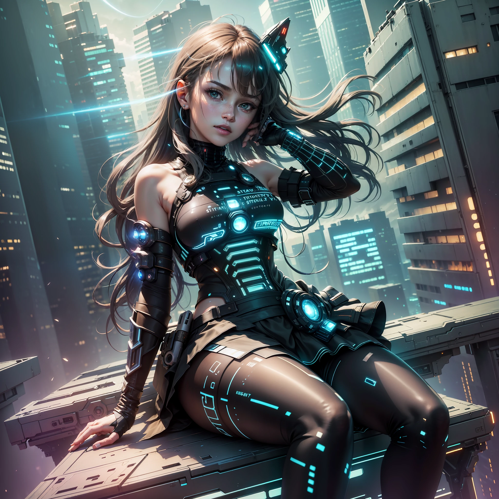 Best quality,masterpiece,ultra high res(photorealistic:1.4)(starrysky1.3),1girlshiny skin,(straddling:1.2),on the rooftop,(the city cyberpunk background:1.1)bule shirt pleatedskirt(black pantyhose:1.2),full body,feetintricate details,Edge
light,dramatic angle,(dynamic pose:1.2)depth of field(side viewer:1.2), --auto --s2