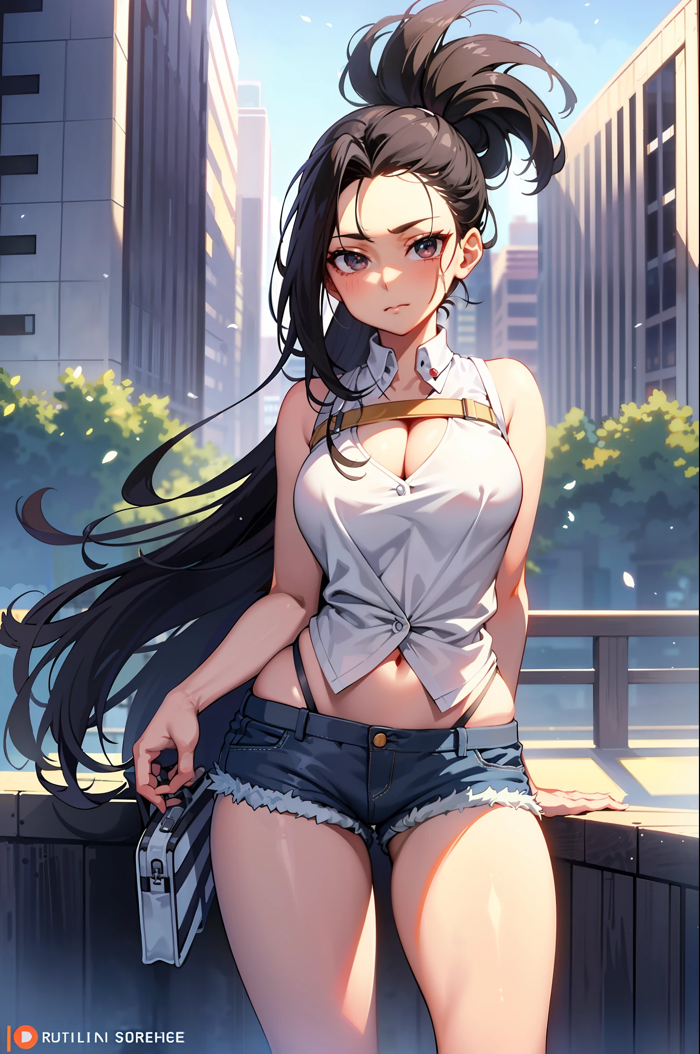 (masterpiece, best quality: 1.2), cowboy shot, solo, 1girl, yaoyorozu momo, anime screencap, city, long hair, black hair, gray eyes, looking at the viewer, lustful, closed mouth, ass, wide hips, short shirt, short shorts, unbuttoned shorts, erotica, back