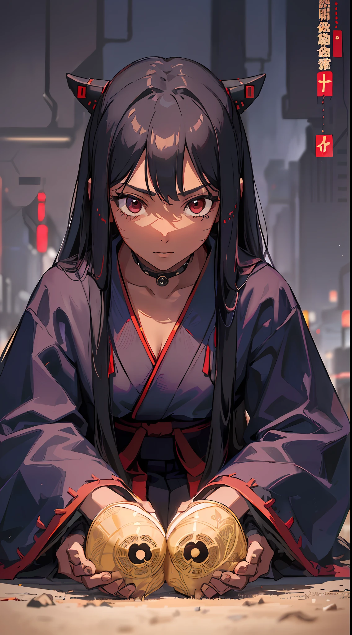 (a girl in focus:1.2),(dark skin:1.1),(long hair:1.1),(katana in the hem),wearing (long-sleeved haori and hakama:1.2),(red color:1.1),in a (cyberpunk environment on the ground:1.3),(super realistic details:1.2) standing, portrait