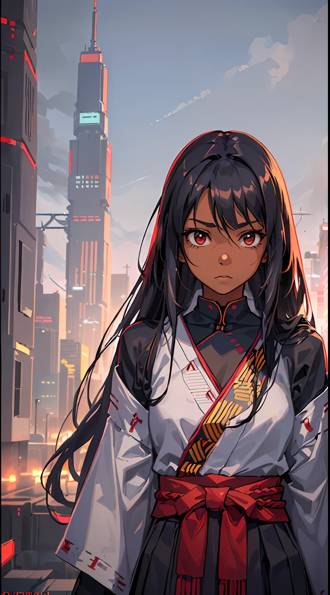 (a girl in focus:1.2),(dark skin:1.1),(long hair:1.1),(katana in the hem),wearing (long-sleeved haori and hakama:1.2),(red color:1.1),in a (cyberpunk environment on the ground:1.3),(super realistic details:1.2) standing, portrait