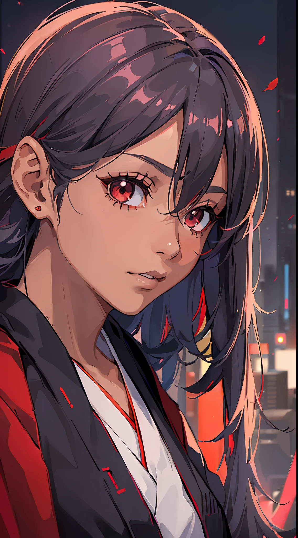 (a girl in focus:1.2),(dark skin:1.1),(long hair:1.1),(katana in the hem),wearing (long-sleeved haori and hakama:1.2),(red color:1.1),in a (cyberpunk environment on the ground:1.3),(super realistic details:1.2) standing, portrait