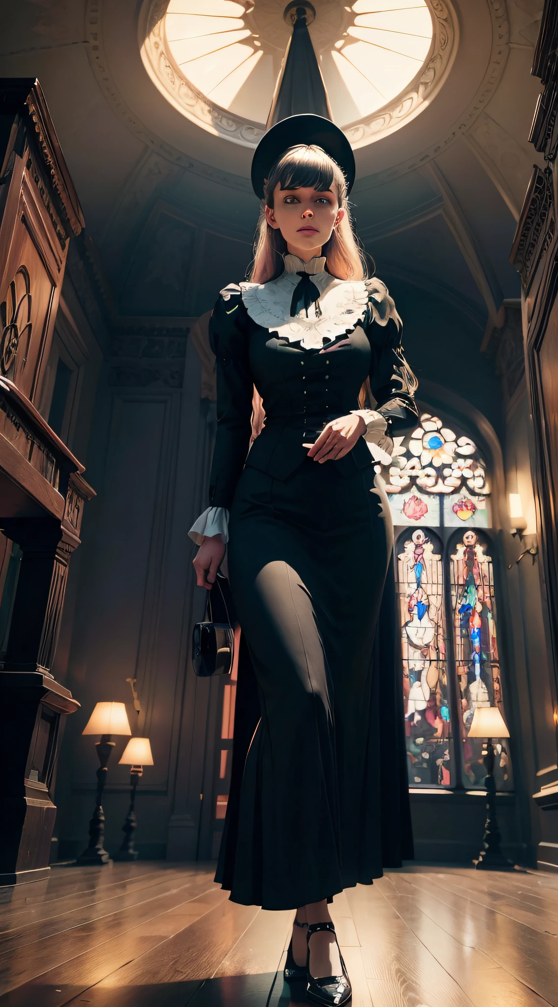Create a cinematic image of the iconic "Winchester Mansion." Highlight the elegance and grandeur of Victorian architecture, with its elaborate details and colourful stained glass windows. Add a touch of mystery with dancing shadows around the mansion and a full moon in the sky. Use soft lighting to enhance details and create a suspenseful atmosphere. Encourage viewers to explore the history and secrets behind Winchester Manor. Enjoy, share and embark on this fascinating journey through the house of mysteries!