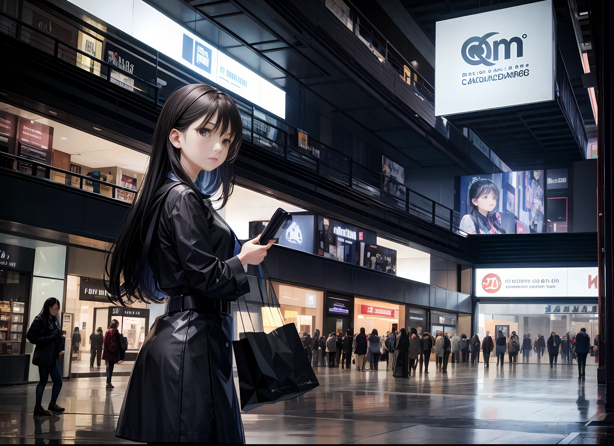 A modern shopping mall. Girl wearing stylish clothes, handheld shopping bag, 85mm lens, Canon camera shot, background blur, composition in the play