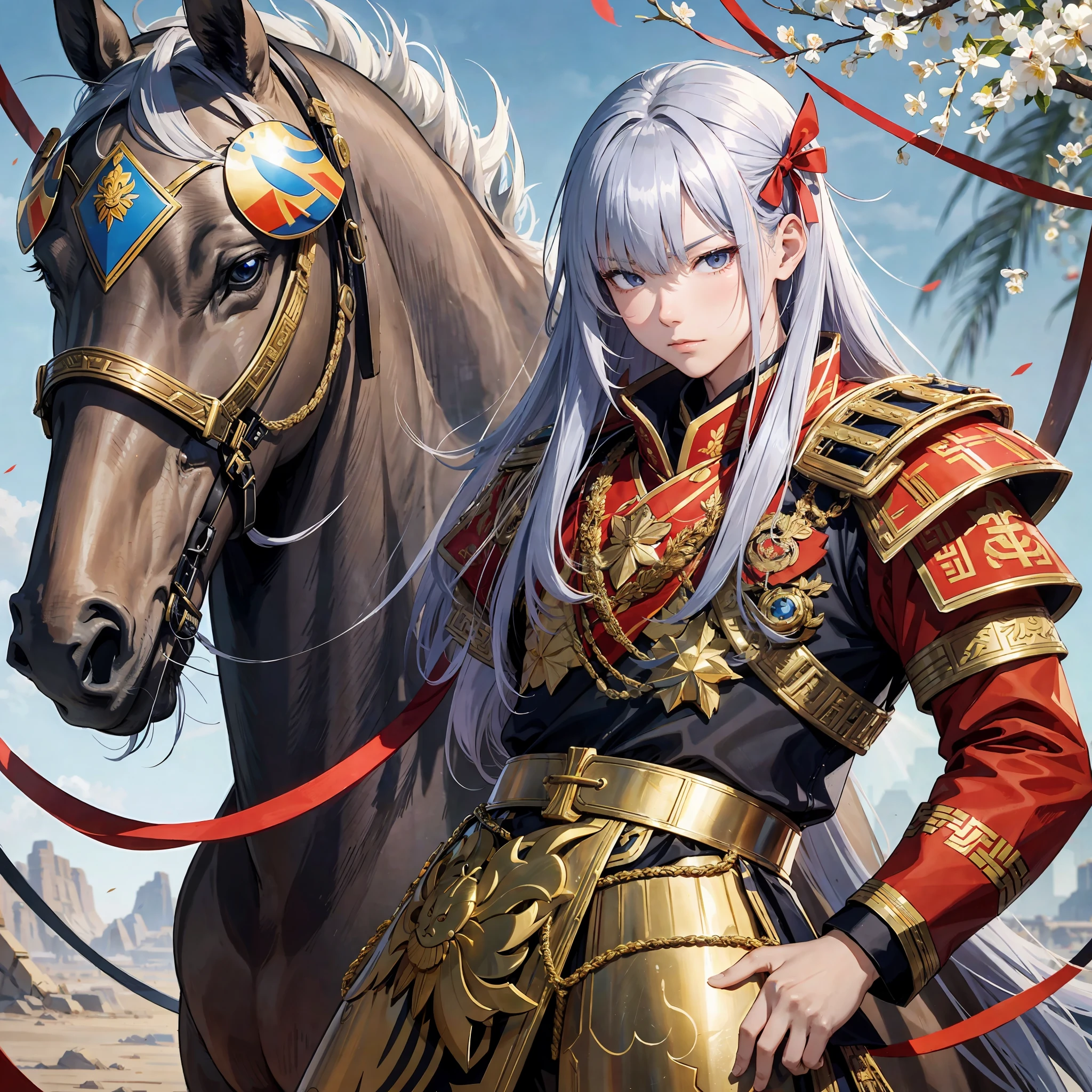 Chinese military general, male, Wear gold armor, Armed with a silver gun, Ride a jujube-red horse, silver hair, hair ribbon, scar on cheek, half-closed eyes, covering ears, serious, Verism, stereogram, god rays, UHD, masterpiece, ccurate, highres, best quality --auto --s2