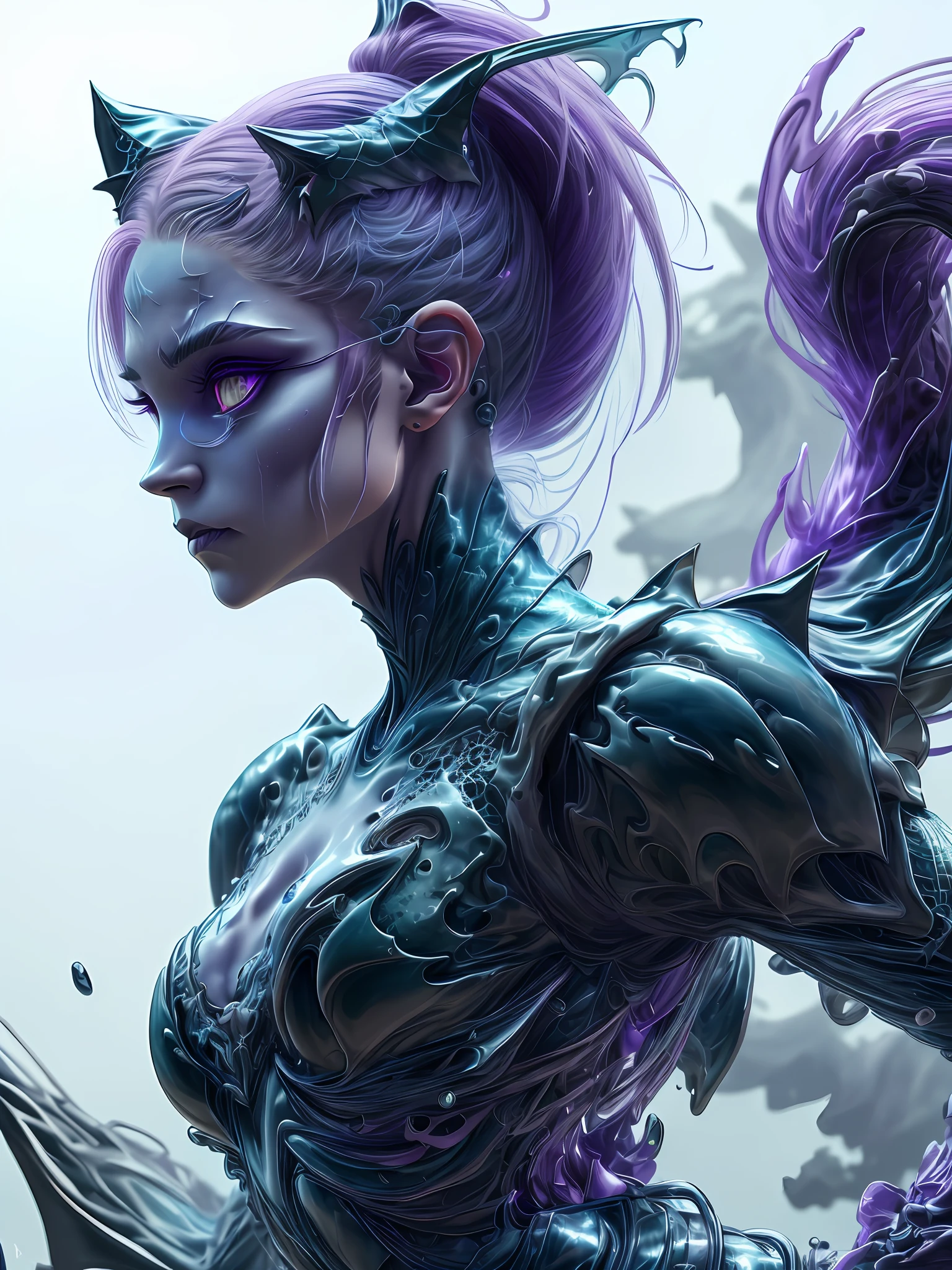 ultra detailed abstract photography of a cute pale draconian WaterAI girl in full body pose, mix of dragon and girl, half dragon, silver ponytail with strands hair, (masterpiece), realistic, beautiful face, cinematic light, (beautiful purple cat eyes:1.3), perfect anatomy,dragon horns,
night sky moonlight, starry background,
fine detailed silver crescent glasses, pointy ears, cowboy shot, medium breasts, (blackish scaly skin:1.3),black lips, black eye shadow,
hyperdetailed painting, luminism, 4k resolution,
Soft Lighting, Photographic Realism,
3d rendering, octane rendering,