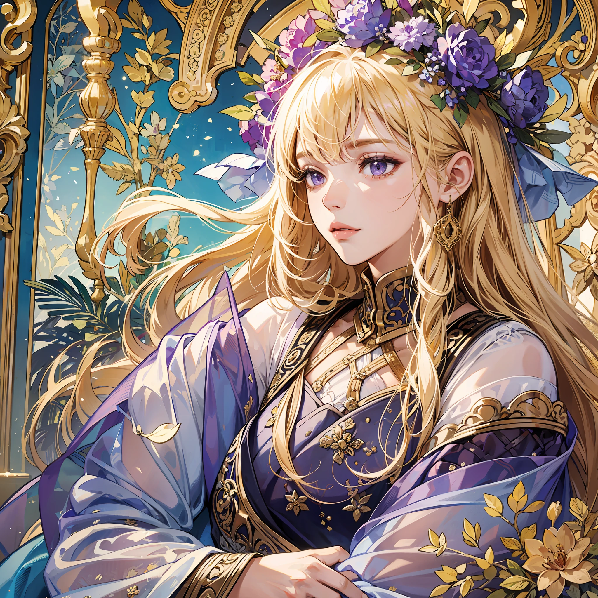 (absurd, high resolution, super detail), 1 girl, adult woman, blonde beautiful long hair, dull bangs, clear purple eyes, fine craftsmanship glowing dress, gold beautiful and detailed decoration, fine detail eyes and detailed face, intricate details, BREAK mosaic art, glass pieces, intricate patterns, durable surface, intricate details, enlarged texture, stunning transparency, hidden beauty, Immersive perspective BREAK, artisanal works, handmade goods, unique designs, intricate details, creative expression, skilled craftsmanship, looking towards the viewer, whole body, --auto --s2