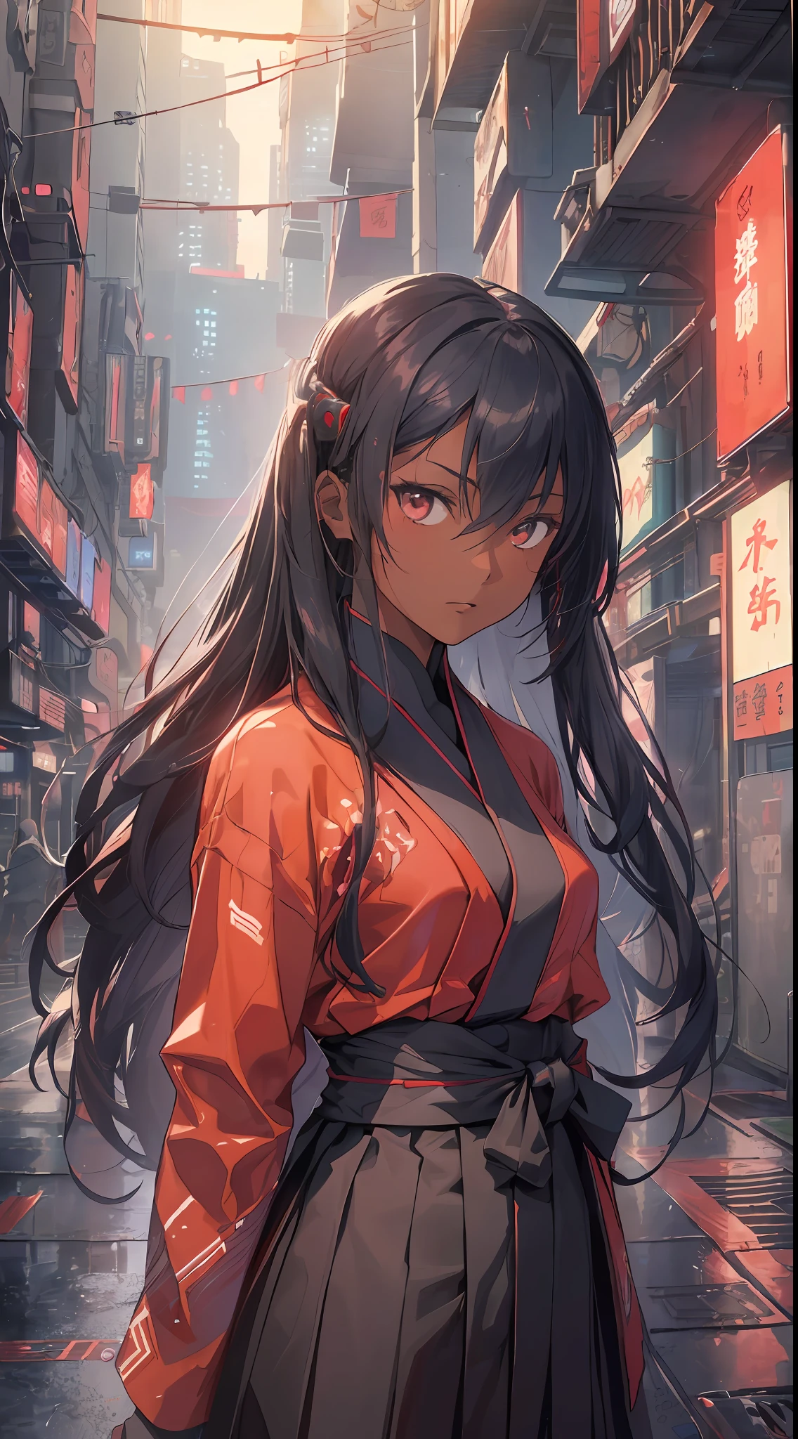(a girl in focus:1.2),(dark skin:1.1),(long hair:1.1),(katana in the hem),wearing (long-sleeved haori and hakama:1.2),(red color:1.1),in a (cyberpunk environment on the ground:1.3),(super realistic details:1.2) standing, portrait