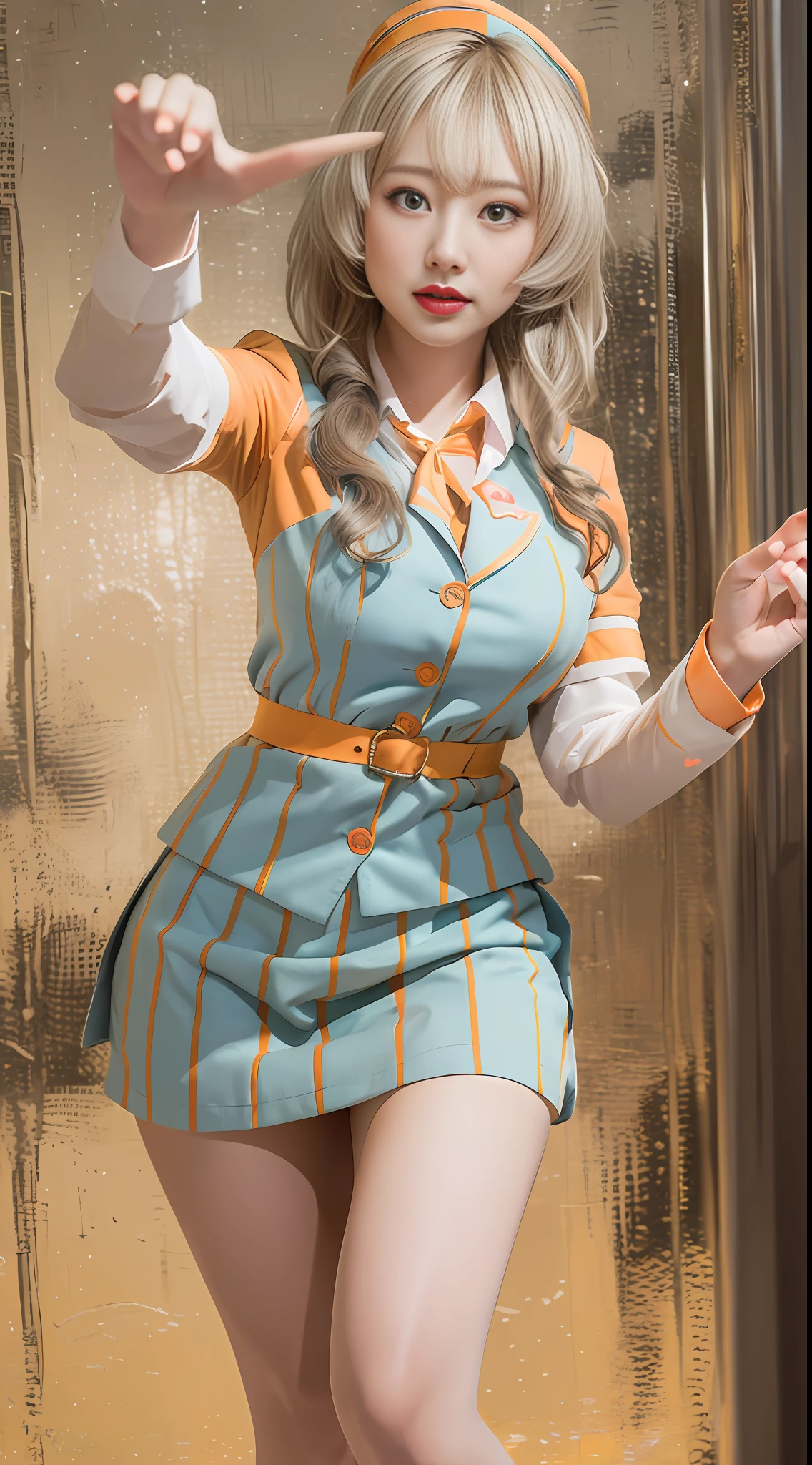 The painting style is soft, childish and cute, rich in ancient style, flowing and moving, fleshy and full, girly heart, sweet and lovely, flight attendant uniform, simple atmosphere, loose and comfortable, orange tone, bright and soft lighting. The figure is fat