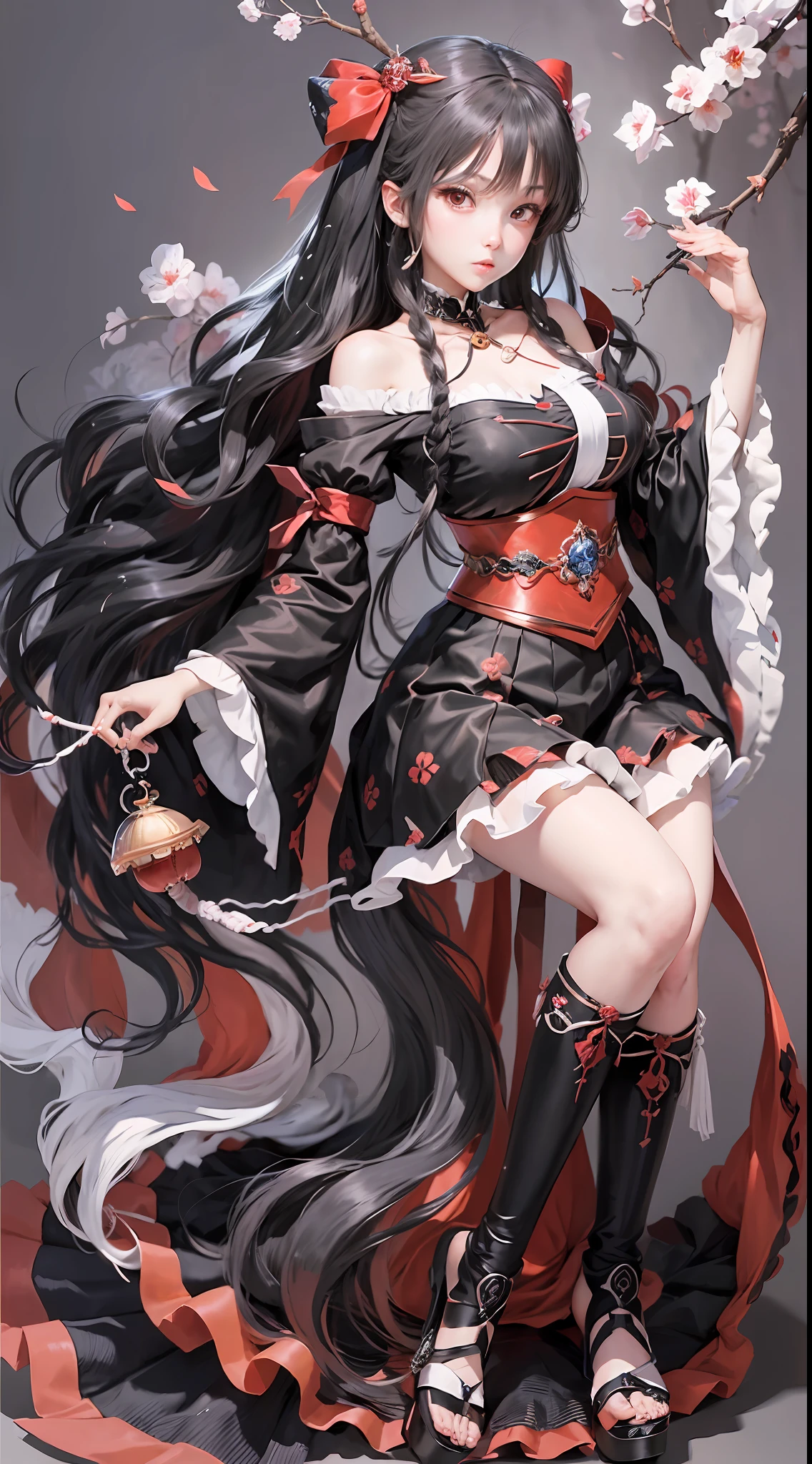 masterpiece, best quality, 1girl,houraisan kaguya, jeweled branch of hourai,branch,black hair,long hair,red eyes,skirt, wide sleeves,grey background, look viewer, (full body)