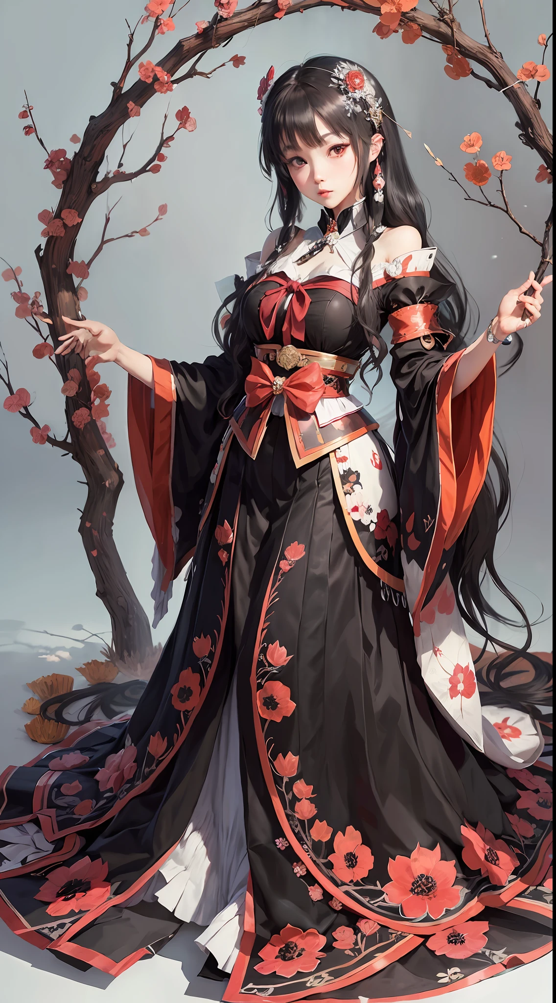 masterpiece, best quality, 1girl,houraisan kaguya, jeweled branch of hourai,branch,black hair,long hair,red eyes,skirt, wide sleeves,grey background, look viewer, (full body)