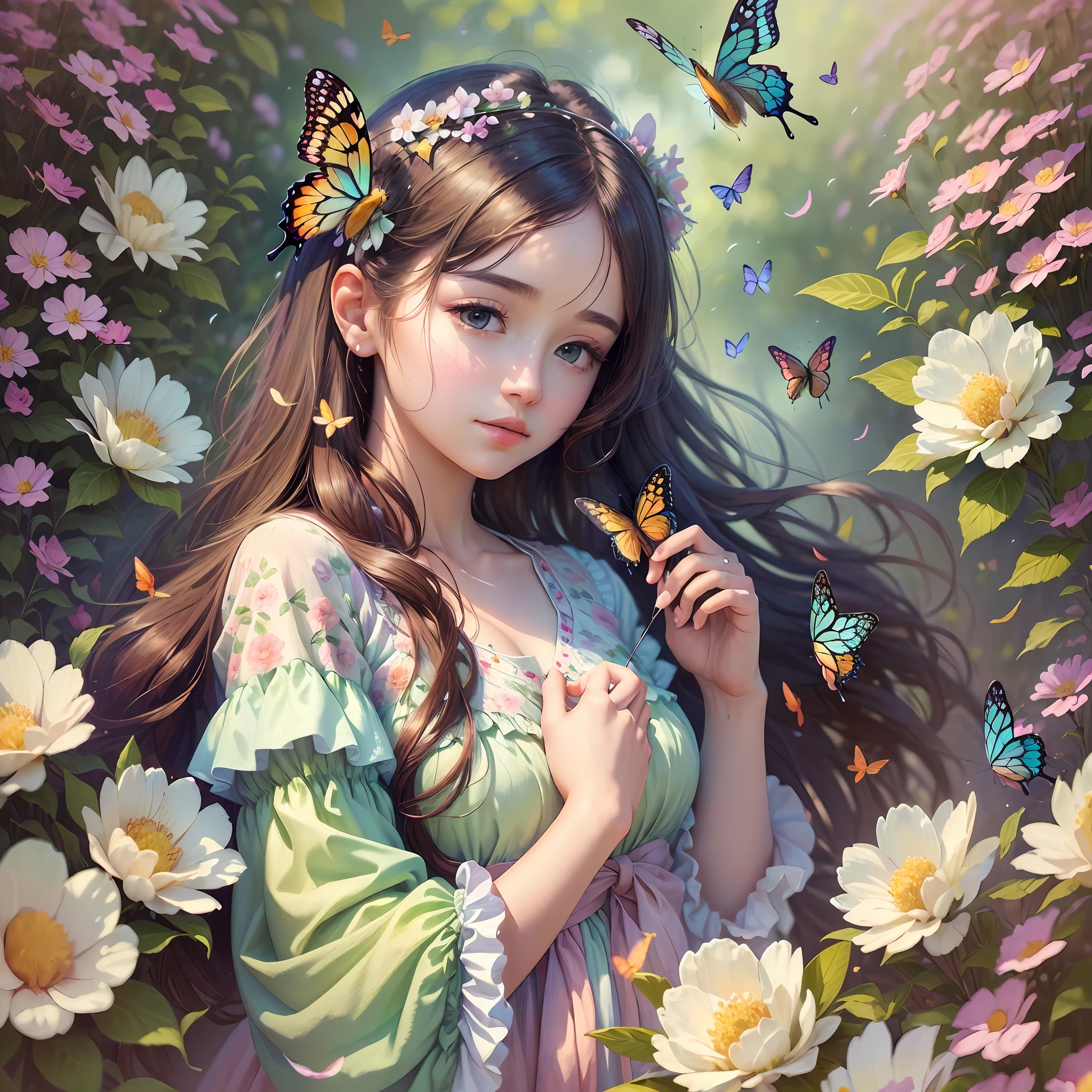 ((best quality)), ((masterpiece)), ((realistic)), ((beautiful art)), ((artwork)), (deviantart),(brightness), (springtime), (pastel color palette), (light, flowy clothing style), (telephoto lens), (butterflies and bees in the air), (4K resolution), "Blossom Dreams" by {choco-minto} (21 words)