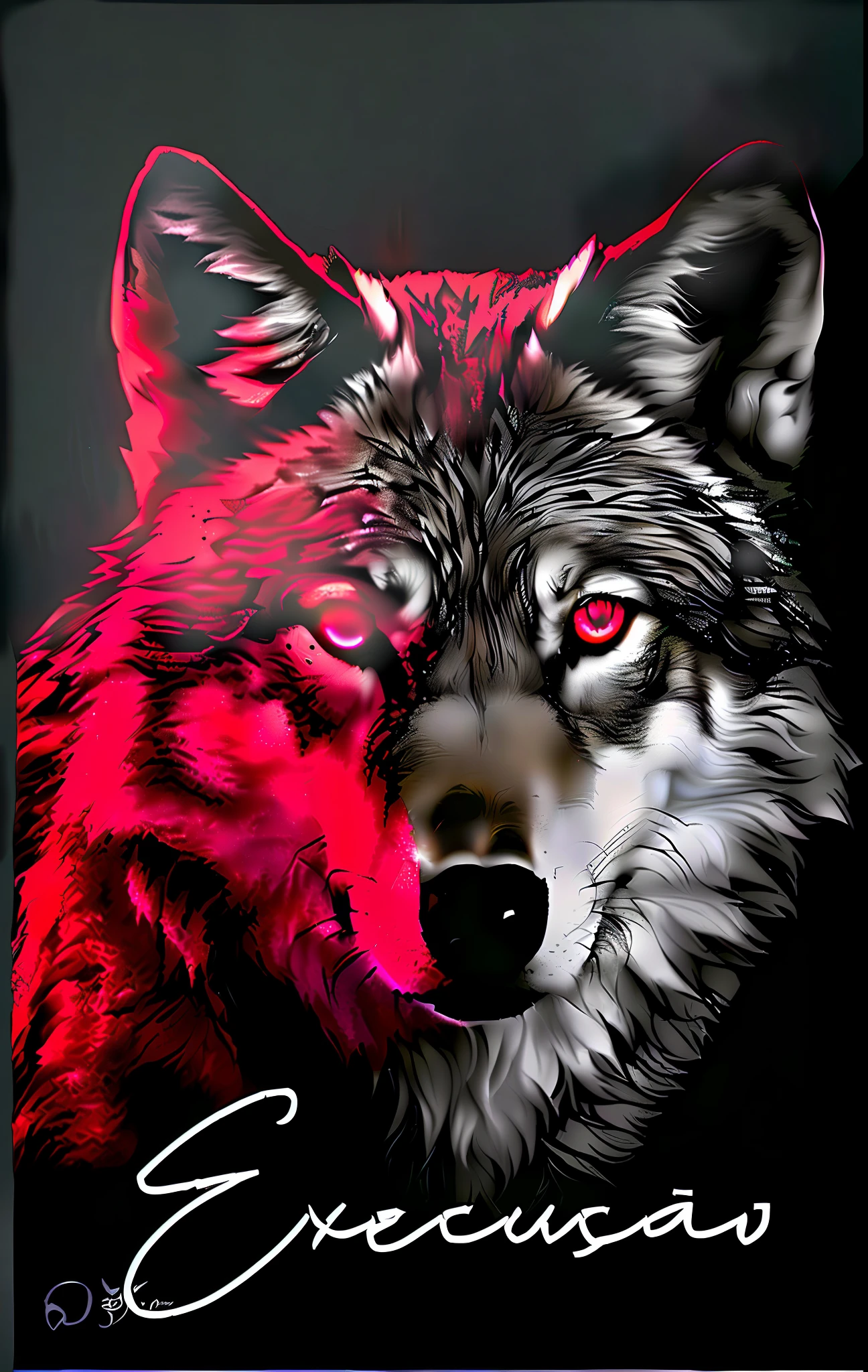 rounded image of a wolf with red eyes and the word execuris, with bright red eyes, with bright red eyes, bright red eyes, wolf in hell, totally red eyes, with red eyes, bright red eyes, with red eyes, terrible wolf, red eyes, big red eyes, sharp red eyes, red eyes, reality, realistic painting, high quality, High detail, by the realists