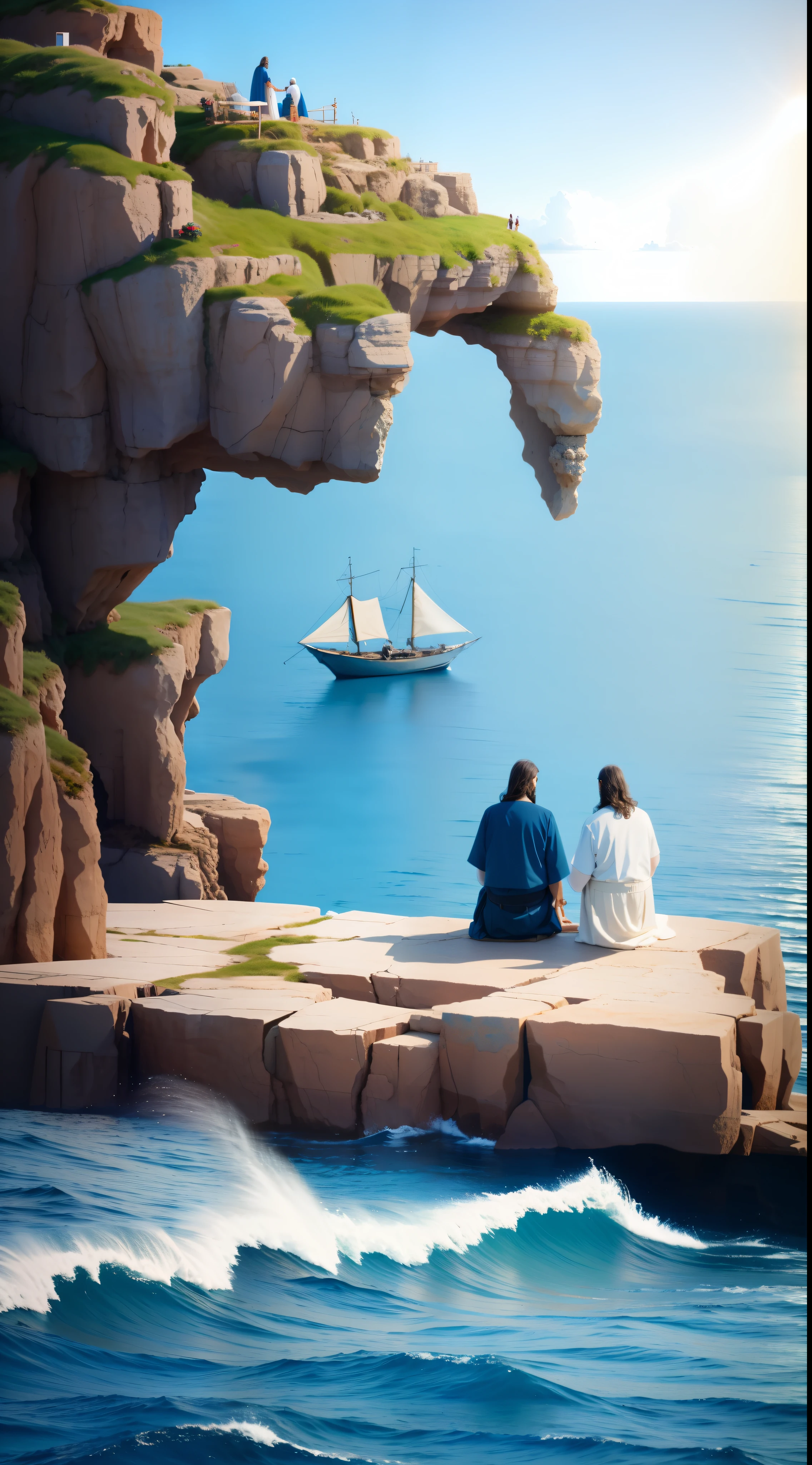 Jesus and Peter talking, distant from each other, on the edge of the sea, boats in the background, detailed image, HD, 8K, high definition
