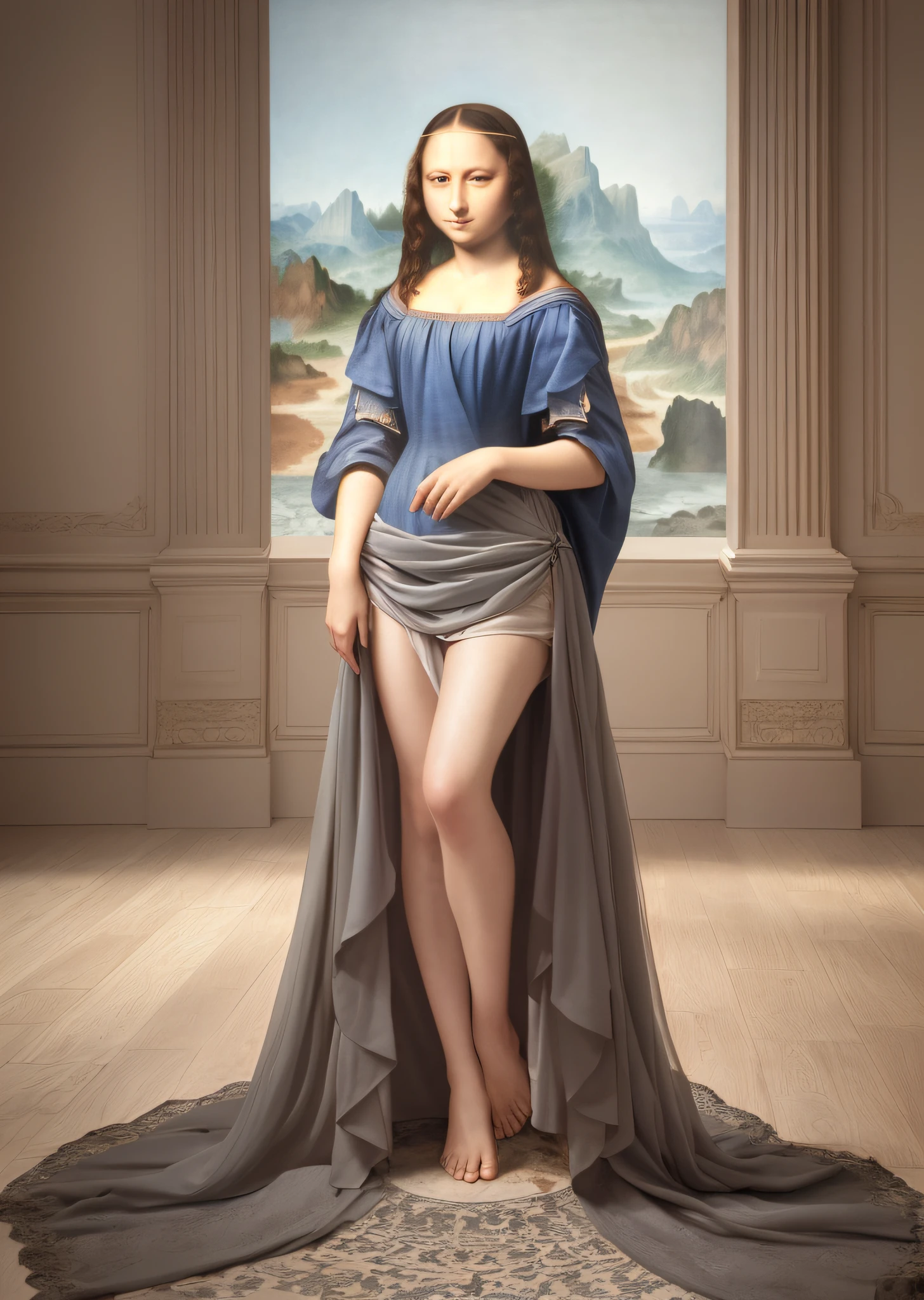 Mona Lisa dressed in fashion, gentle expression, full body portrait, barefoot catwalk, masterpiece, highest quality, high quality, highly detailed CG unit 8k wallpaper, award winning photo, bokeh, depth of field, HDR, flood, chromatic aberration, realistic, very detailed, art station trend, CGsociety trend, complex, high detail, dramatic, midway art, volumetric lighting
