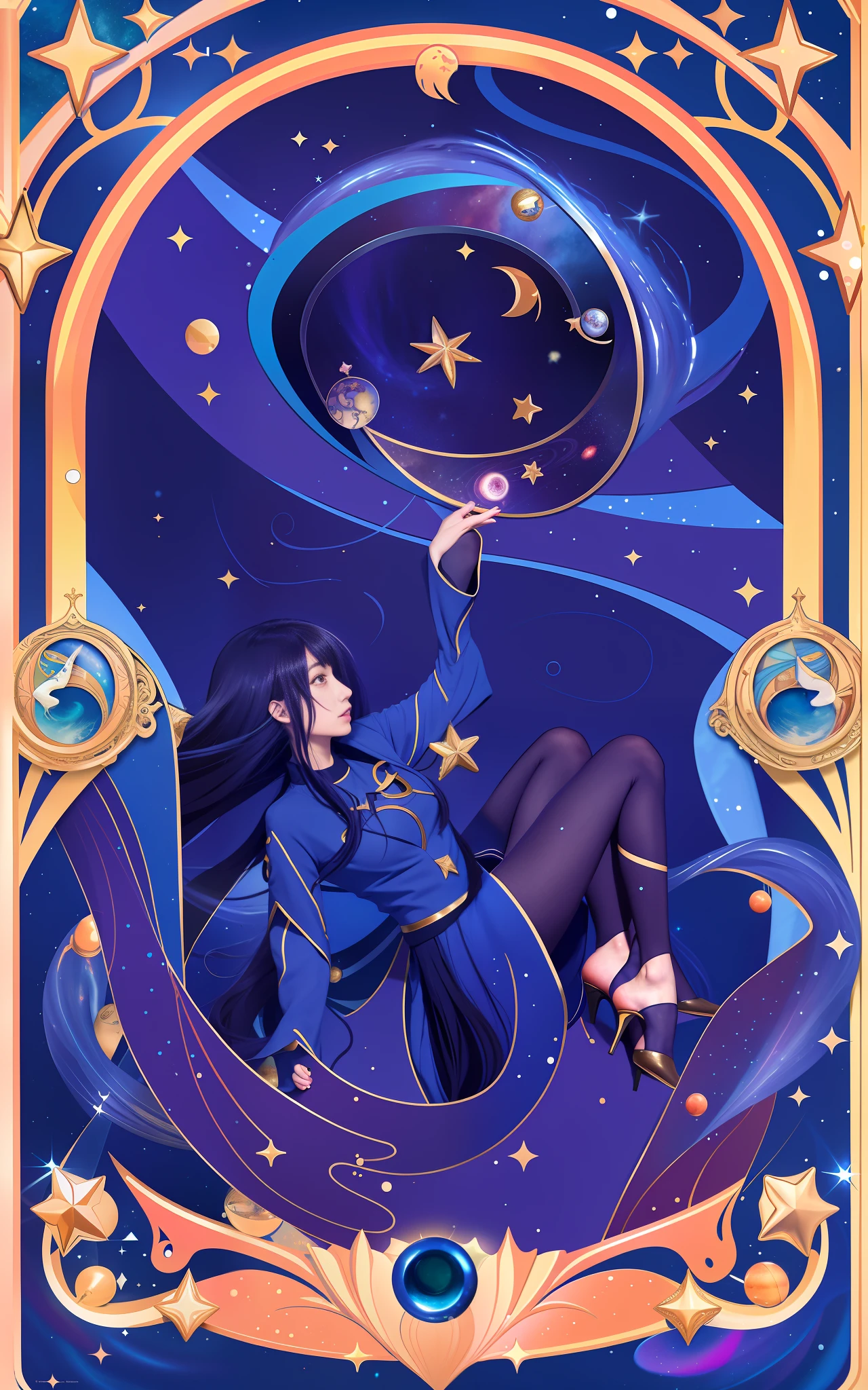 Anime character framed with starry sky background, anime Art Nouveau space display, official fan art like tarot card, [tarot card]!!!!!, Jen Barthel, Celestial Witch, Secret Art Style, Beautiful Celestial Mage, Goddess of Space and Time, Official Art, Star Tarot Card, Art Nouveau Anime, Floating in Space, There Is a Woman Who Drowns in Water, Anime Modern Space Display,  like Tarot Card, Major Arcana Mason Star, Beautiful Water Magician, Star Tarot Card, Secret Art Style, [Tarot Card]!!!!!, Water Witch, Tarot Card Art, Tarot Card Design, Mona, Genshin Impact, Magic Circle, Magic Circle, Writing, Girl Reaches for Circle, Tone T Girl in Water, Girl Holding Star, Water with Stars, Cosmic Water, Fish, Space Fish, Mysterious Atmosphere,  Jellyfish Sanctuary Virgo, Moon Goddess, Ocean Goddess, Medusa Priestess, Anime Goddess, Jellyfish Temple Virgo 8k like tarot card, girl holding the moon, golden frame in front, moon behind girl, waves, girl standing in waves, fog behind girl, city in the background, flat style, lot of details, sinks, falls, back down, profile, stars, waves, space