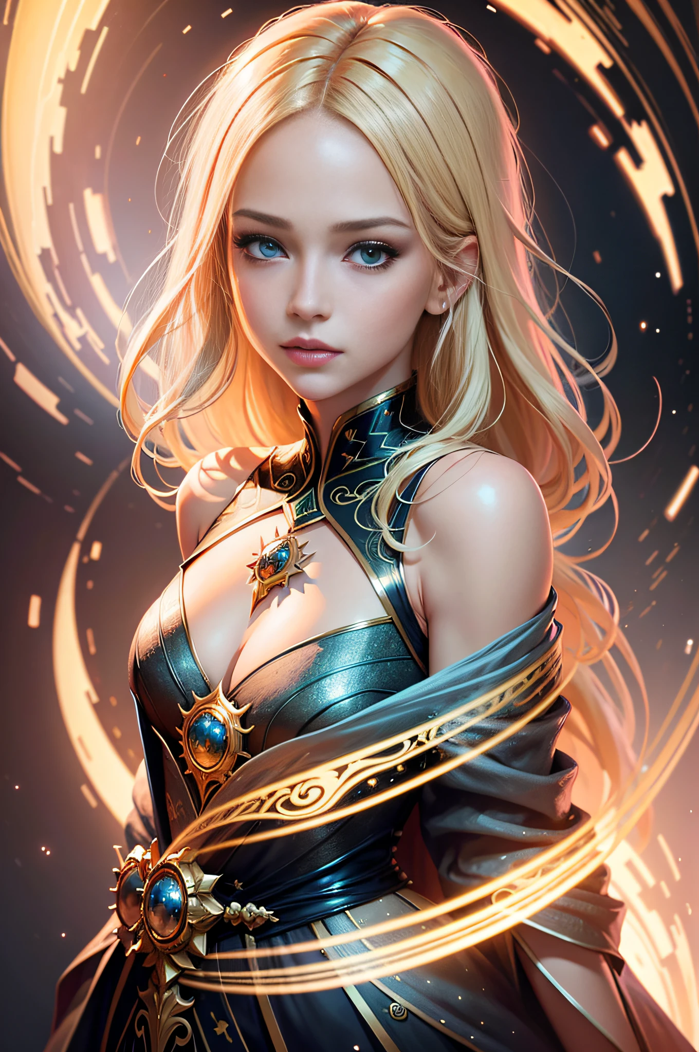 beautiful girl, blonde hair, portrait looking at the viewer in half-turns, slender body, spiral awakening, intricate details, cosmic, ethereal, mystical, complex environment, brushes, delicate shades, lighting lights, Greg Rutkowski, RHADS, Beeple, Makoto Shinkai, Lois van Baarle, Ilya Kuvshinov, Masterpiece, ultra-high resolution, high quality, Empress Tarot card