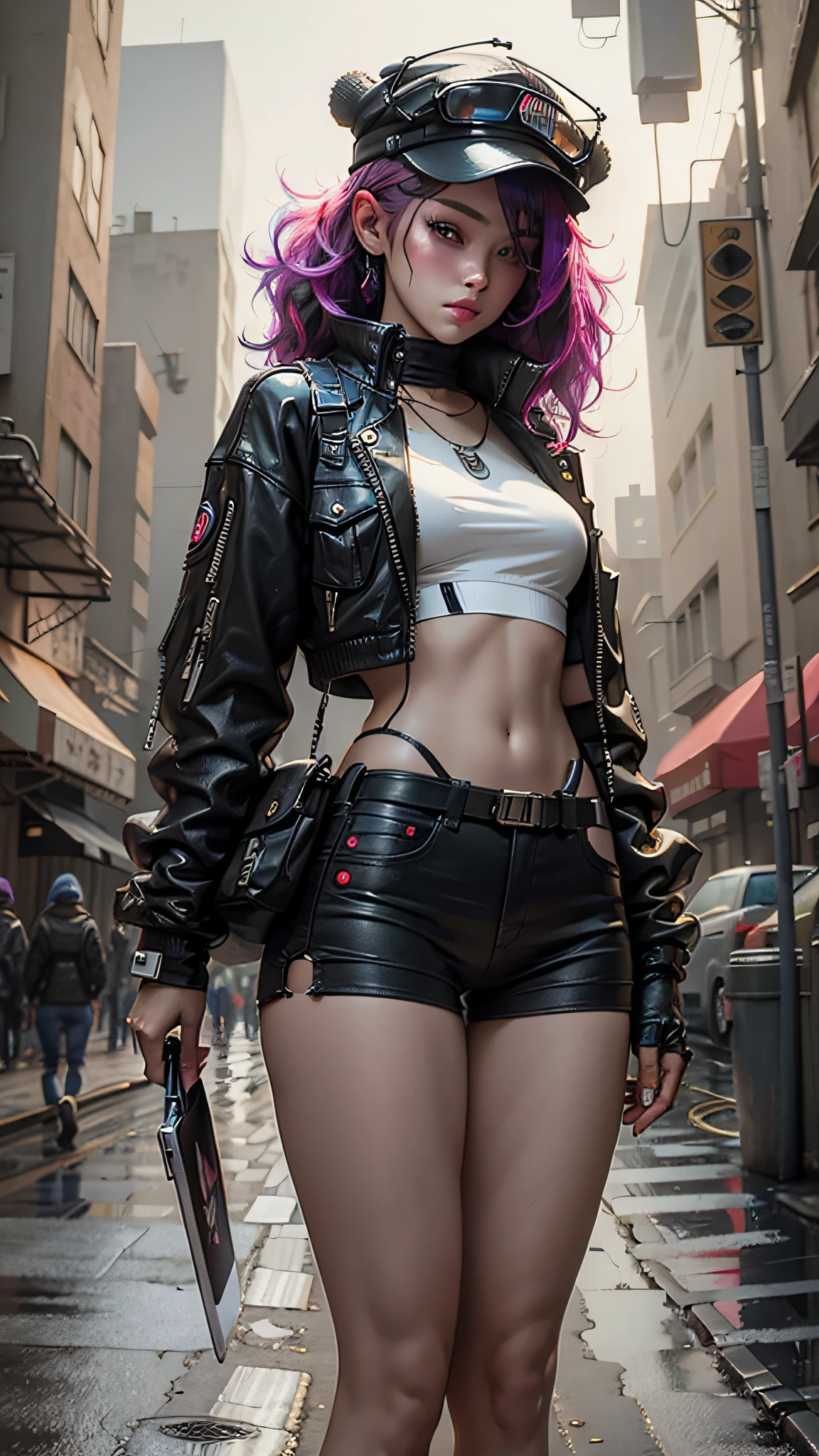 Beautiful woman medium hair, wearing cap, cyberpunk style short clothes