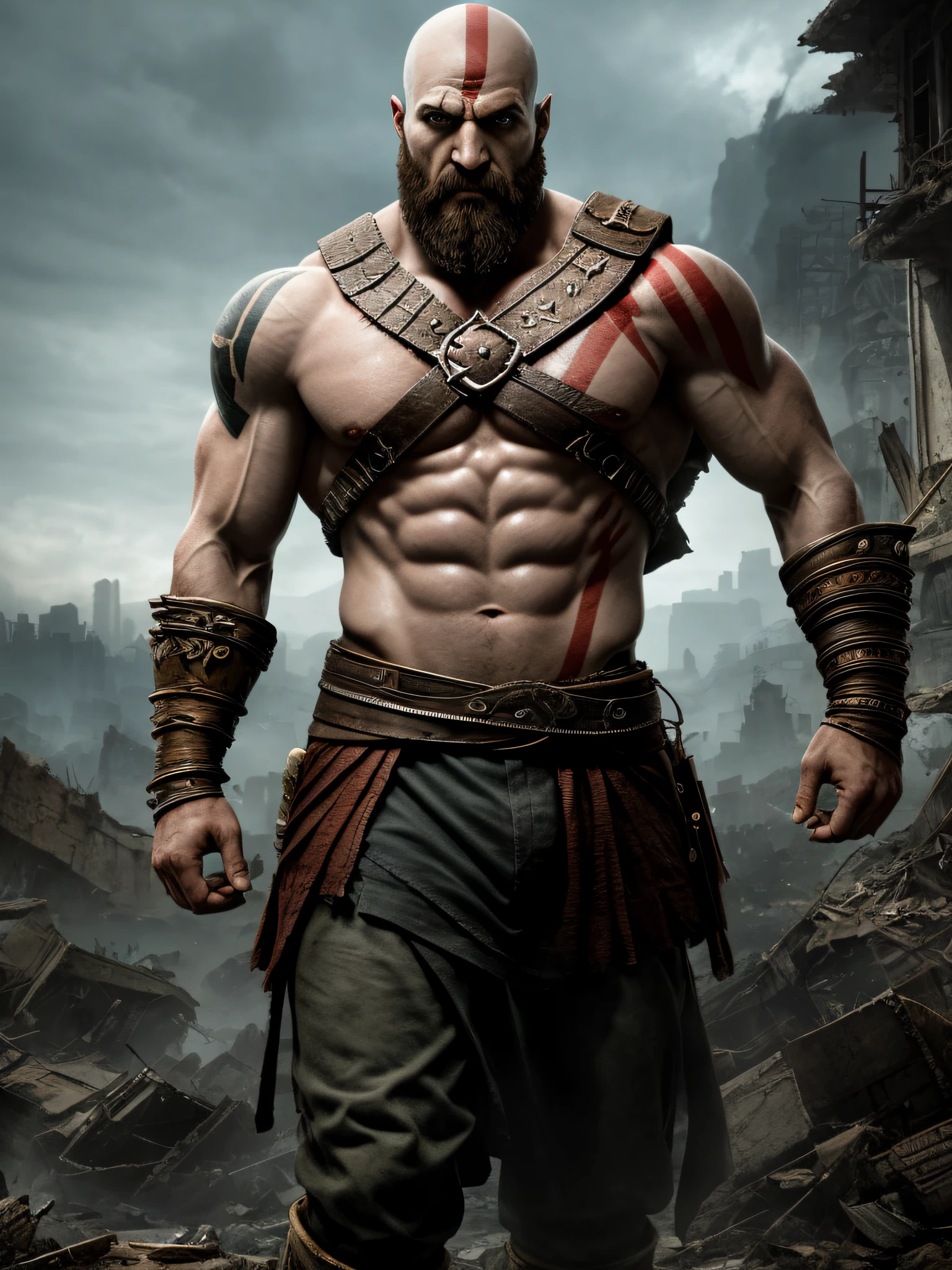 Kratos, the God of War, is a character who exudes strength and bravery, able to face any battle with his unique skill. This character is a true masterpiece, with an unparalleled quality and an ultra-realistic level of detail. Its environment is a scene of urban destruction, with a floor littered with the wreckage and ruins of a city in ruins. The carefully crafted shadows and contrast give a sense of depth and realism to the setting. The clear and bright sky contrasts with the darkness of the city, creating an environment of tension and drama. The style, seen in viewer 1.2, with skin texture and film grain of 1.3, adds an element of nostalgia and authenticity. The ultra-high resolution of 16K is perfectly rendered with Octane Render, creating a visual experience that is truly stunning. This character is a true symbol of bravery and strength that will captivate audiences and inspire other artists.