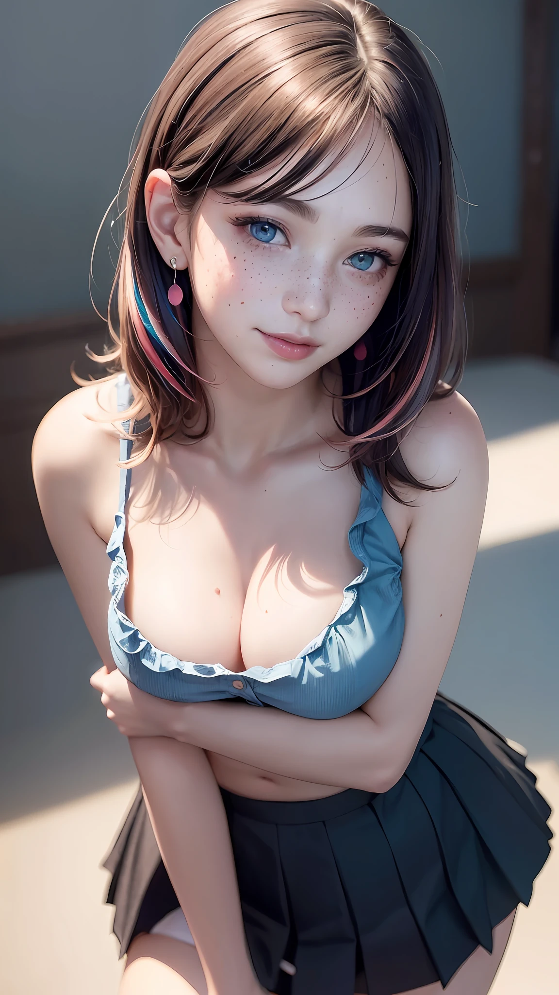 ((medium breast, 15 girl, small head)),  ((15)) daylight, sunlight, (perfect body : 1.1), (young), (short wavy hair:1.2), full body shot, (girl wearing school uniform:1.4, pleated skirt, button up shirt), (extremely detailed CG 8k wallpaper), (an extremely delicate and beautiful), (masterpiece), (best quality:1.0), (ultra highres:1.0),  beautiful lighting ,perfect lightning, realistic shadows, [highres], detailed skin, ultra-detailed, spread legs, legs up, bent over, large earring, thighs, (beautiful long hair),, fine collarbone, soft navel, soft midriff, soft back, angle from above, sweaty, beautiful breasts, blush, photorealistic, realistic face, realistic eyes, small eyes, smirk (((colorful))) (((cleavage))), (freckles), (eye liner), (mascara)