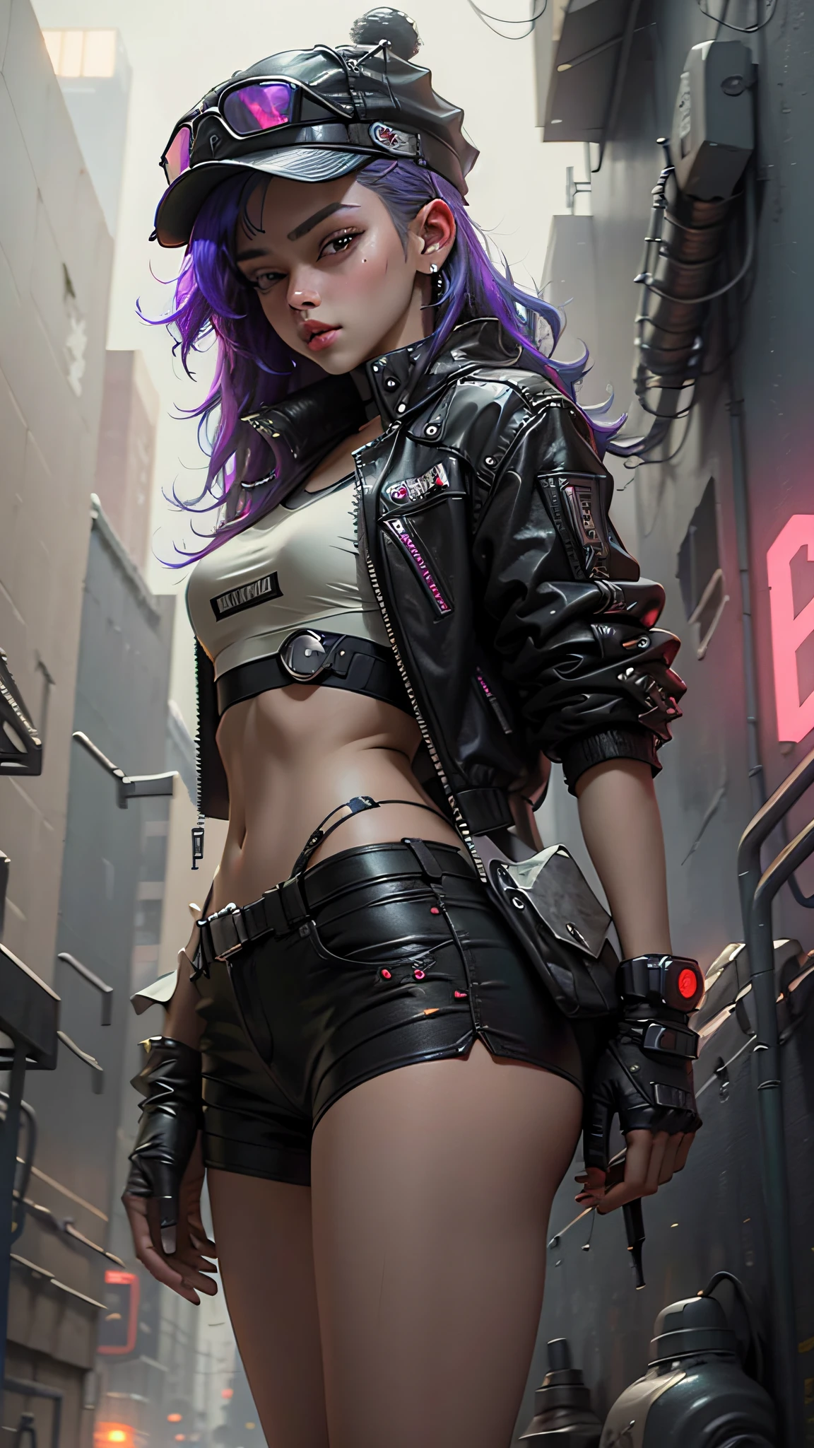Beautiful woman medium hair, wearing cap, cyberpunk style short clothes