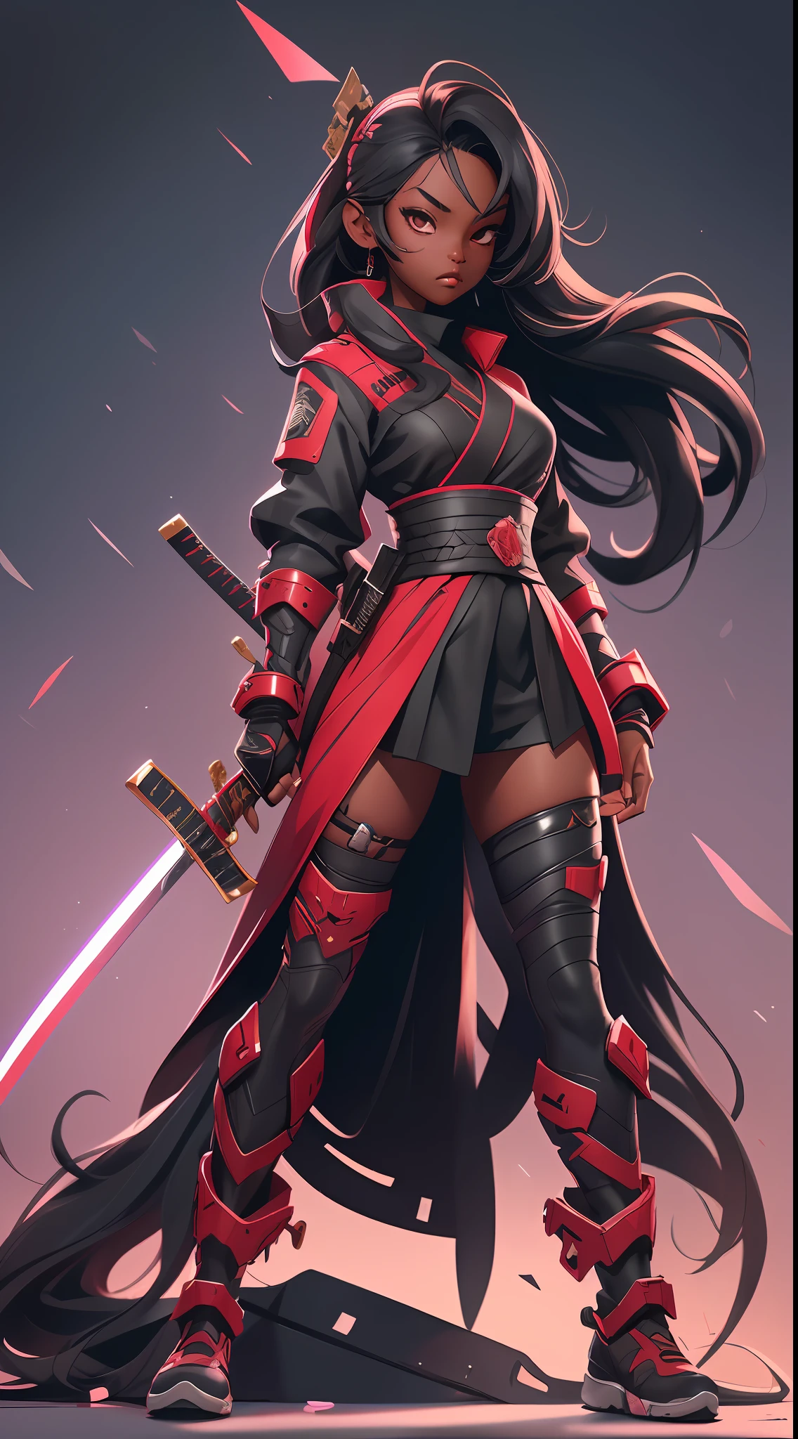 1girl, dark skin, long hair, female focus, sword, solo, cyberpunk, holding gun, katana, sheath, long sleeves, haori, , hakama, sheathed, full body, red, super detail-oriented