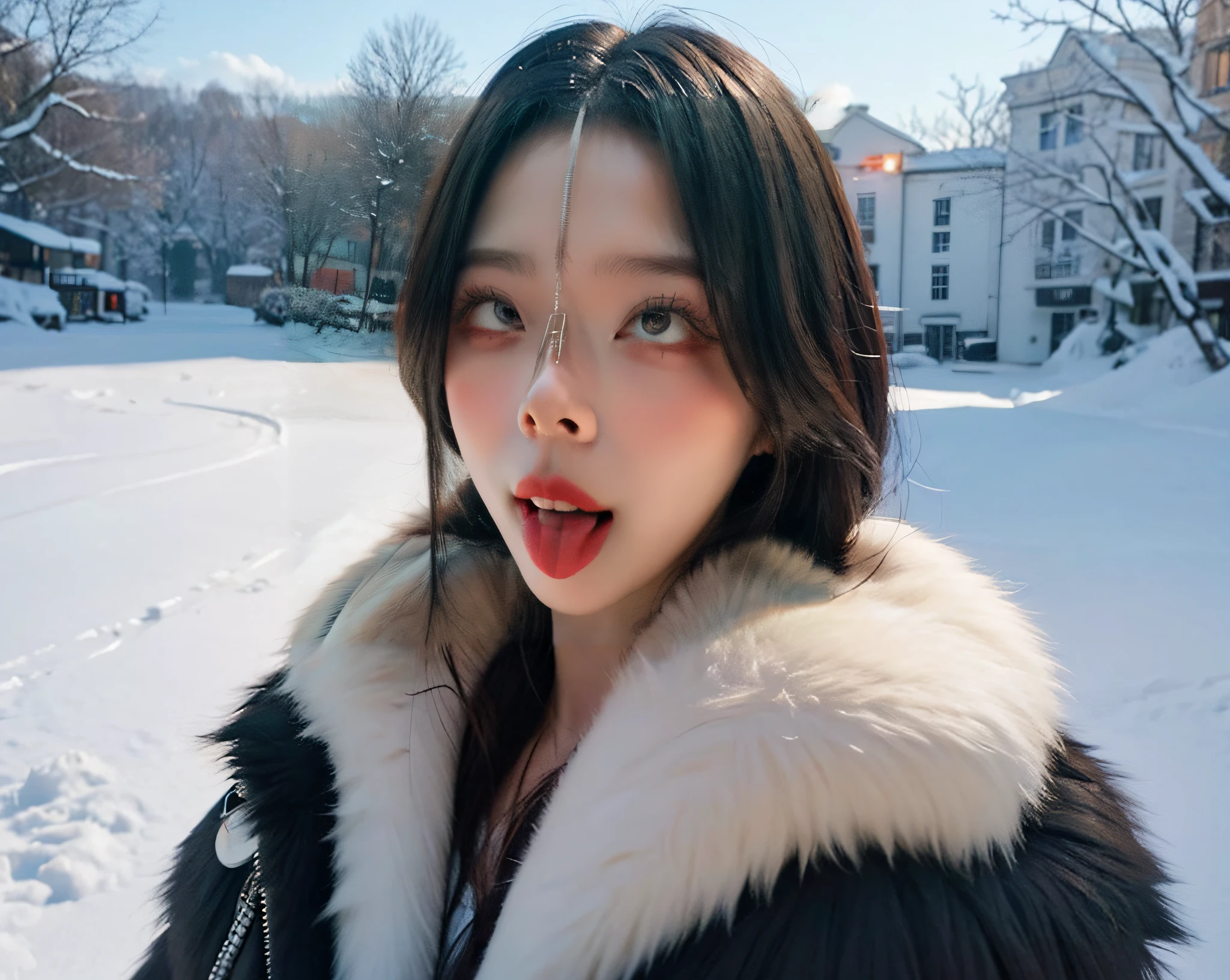Girls, mink coats, big breasts, winter, snow, outdoors