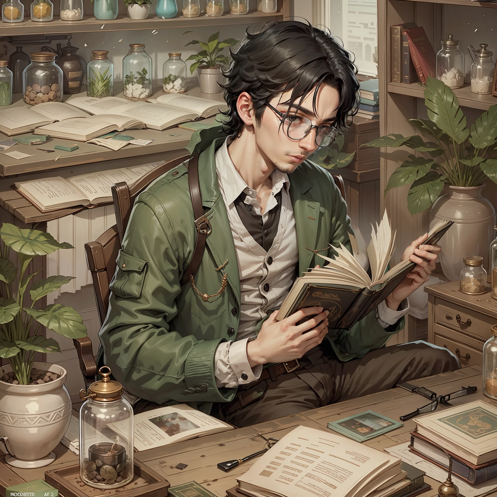 Young man, black hair, black eyes, white skin, gral glasses, sitting in comfortable potron, reading book, books scattered pain everywhere, plants in jars in the background --auto --s2