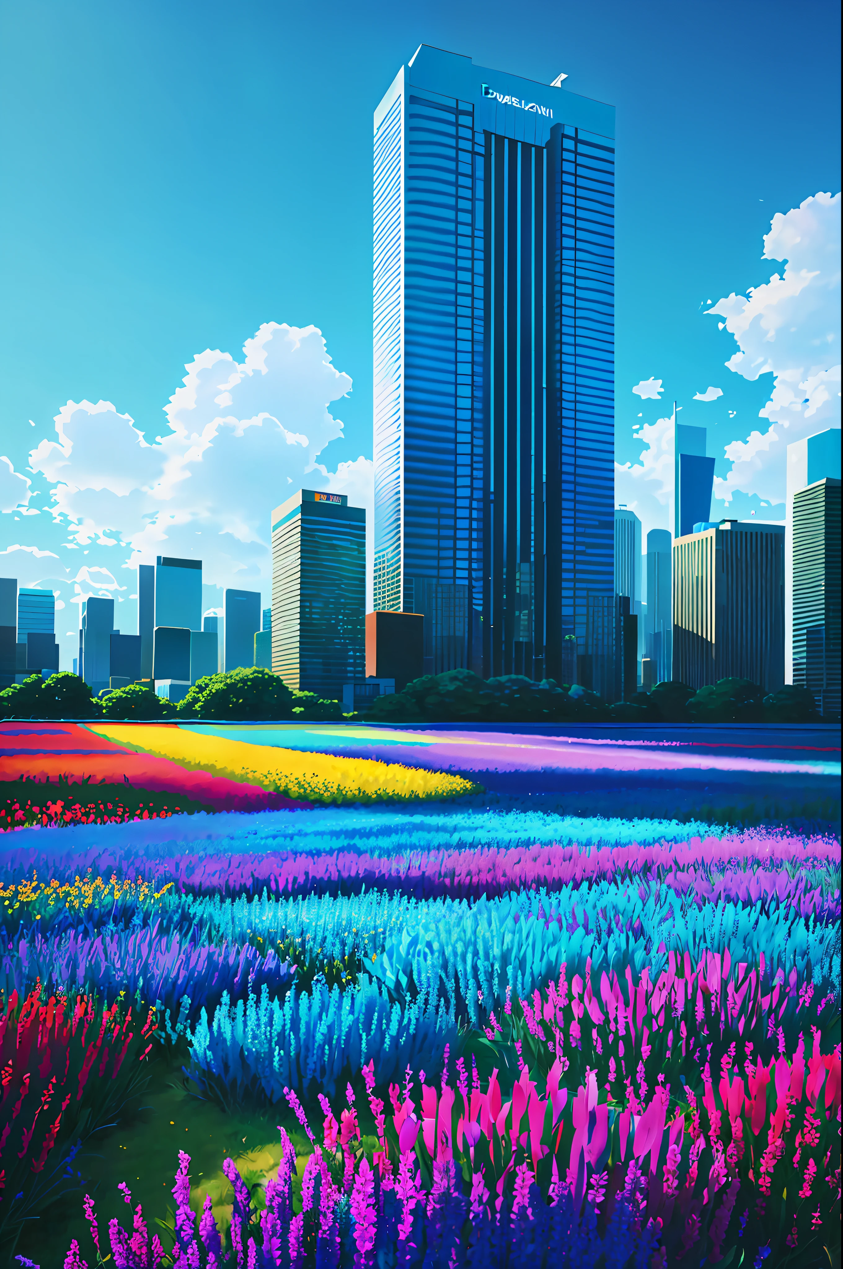 vibrant blue tinted colors, skyscraper, highly saturated colors, Fujifilm Fujichrome Provia 100F film, flower field, purity and dreamy symbolism, (muted colors:1.2), (photon mapping), octane render + hyper realistic, storage, (8k), hdr, sunny,