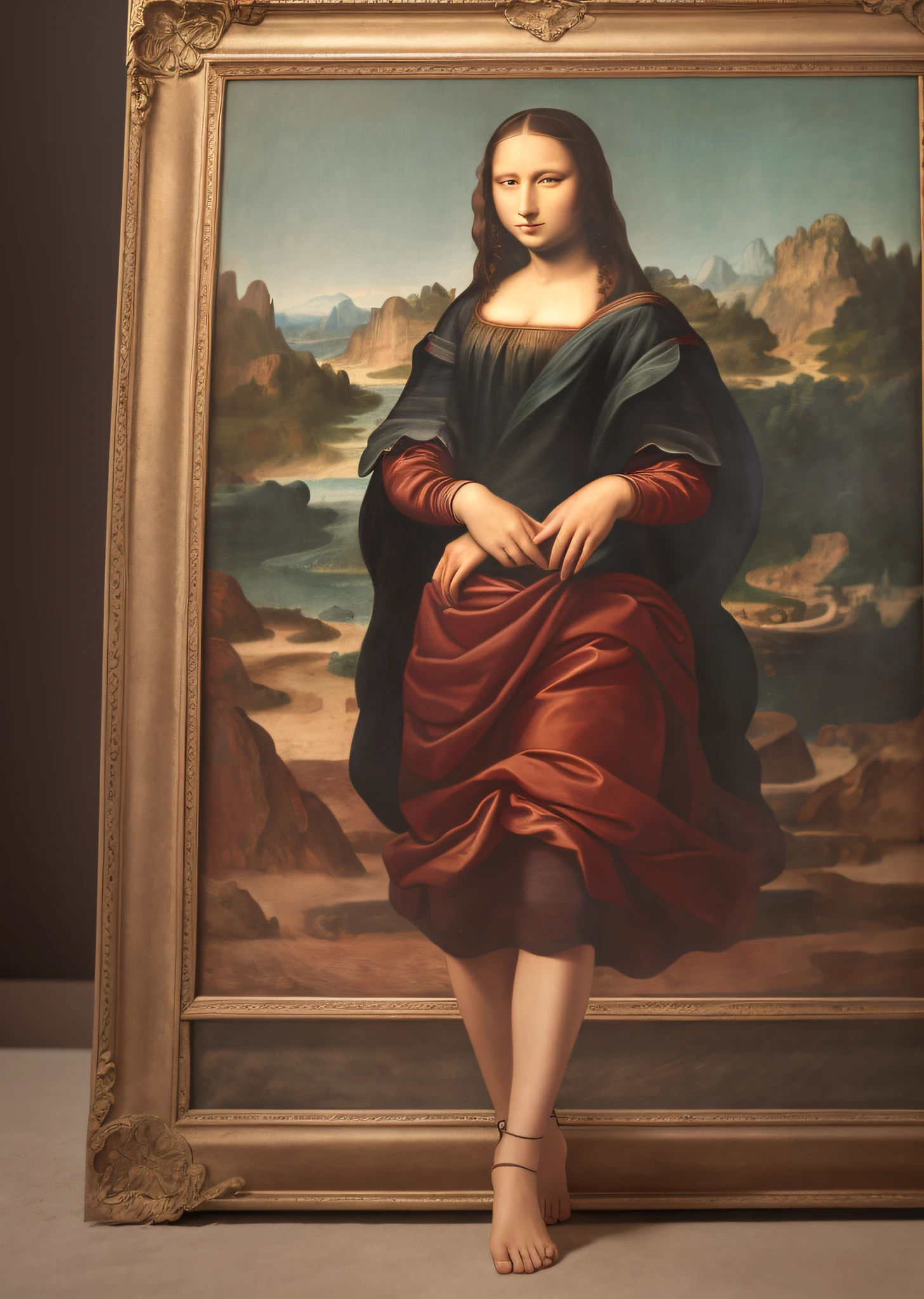 Mona Lisa dressed in modern fashion, gentle expressions, full body portrait, barefoot catwalk, masterpiece, highest quality, high quality, highly detailed CG unit 8k wallpaper, award winning photo, bokeh, depth of field, HDR, flood, chromatic aberration, realistic, very detailed, art station trend, CGsociety trend, complex, high detail, dramatic, midway art, volumetric lighting