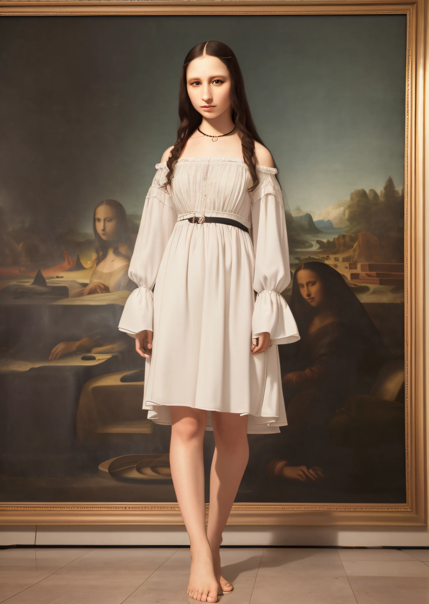 Mona Lisa dressed in modern fashion, gentle expressions, full body portrait, barefoot catwalk, masterpiece, highest quality, high quality, highly detailed CG unit 8k wallpaper, award winning photo, bokeh, depth of field, HDR, flood, chromatic aberration, realistic, very detailed, art station trend, CGsociety trend, complex, high detail, dramatic, midway art, volumetric lighting