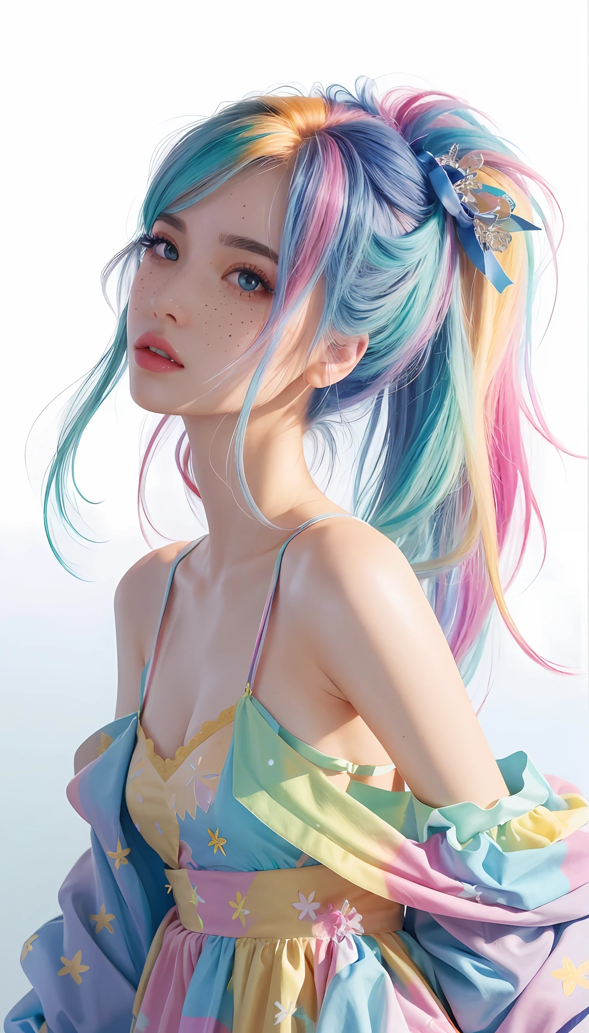 ((ultra detailed)),((Bright eyes)), (Detailed eyes) , 8k, blink blink, (The Little Faux Freckles Makeupgirl), ((realistic skin)), ((focus detailed 2 straps on the shoulders of dress)) , ((shiny facial skin)), with colorful hair and a colorful dress, rossdraws pastel vibrant, rossdraws cartoon vibrant, style anime 8k, beautiful portrait, artgerm colorful!!!, ! dream artgerm, beautiful anime girl, styled digital art, art wallpaper 8k, digital art, extremely detailed artgerm,