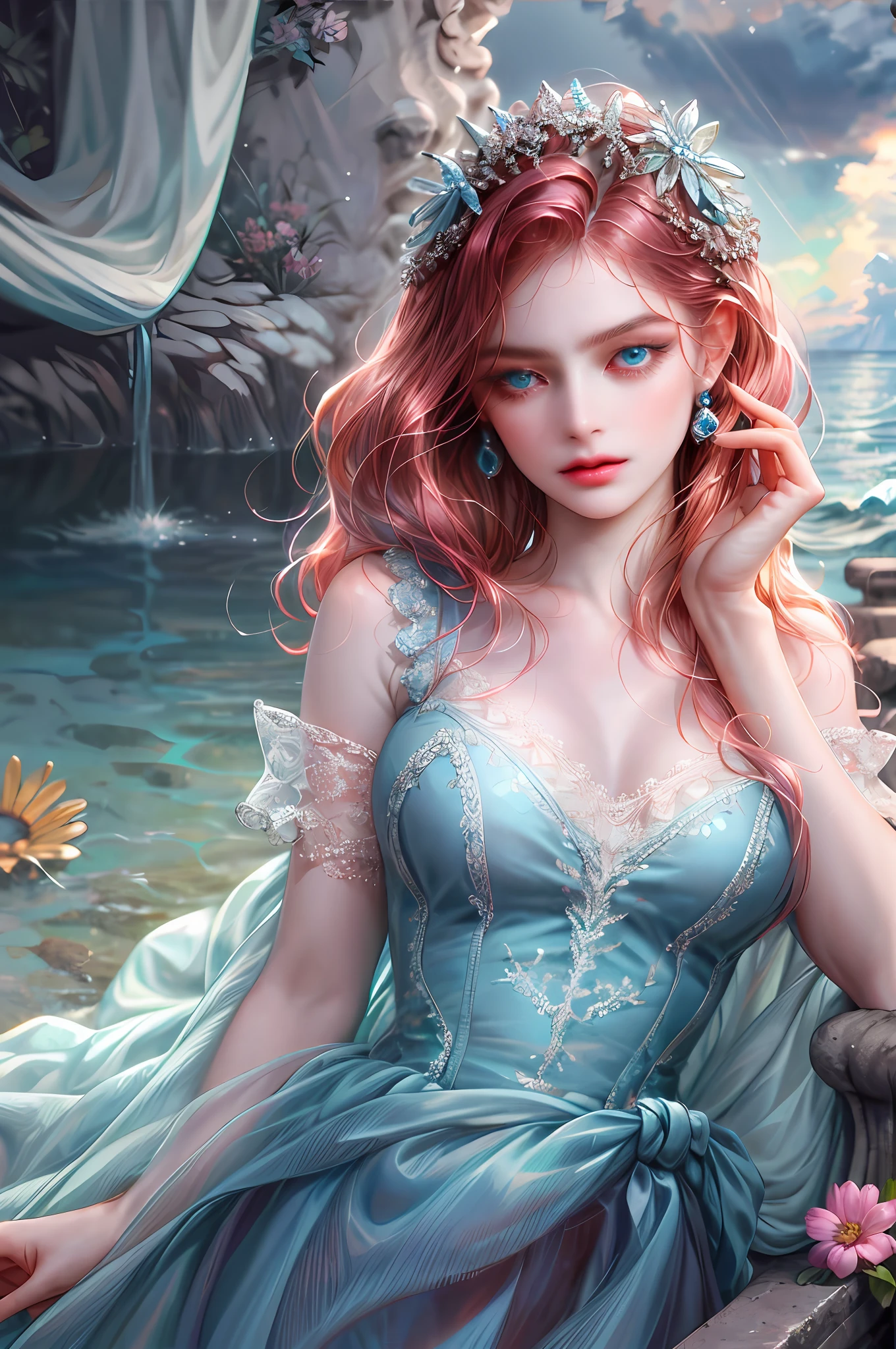 ( High quality , ultra detailed, careful with hand )Zodiac - Cancer goddess , similar to latin goodness , Intelligent, crafty, rational, strong-willed face , Tenacious, moody, irritable, oppressive style , ocean blue eyes(eyes detail), dark pink hair , transparent dress , in the ocean with flowers , whole body , innocent make up look ,