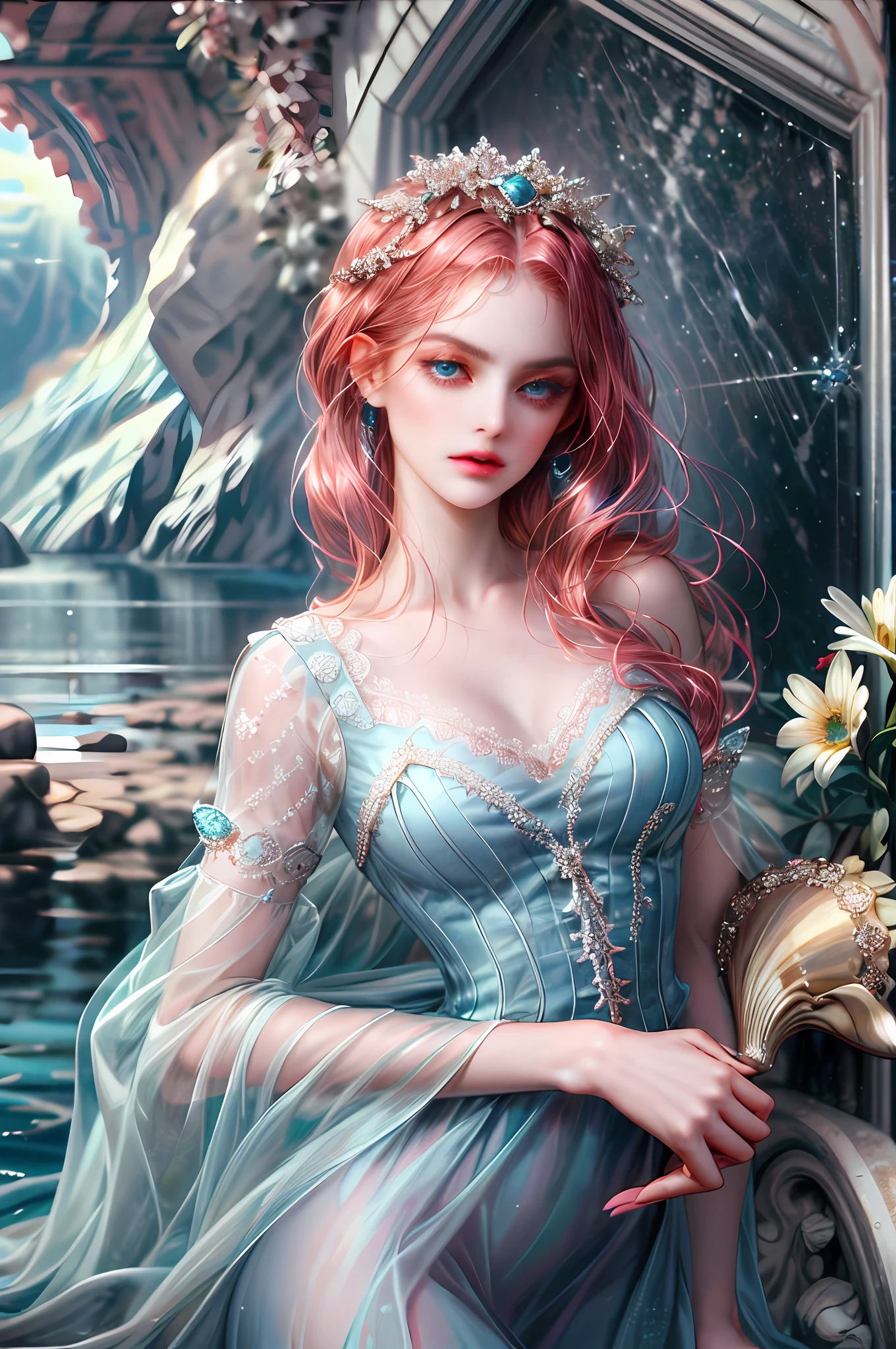( High quality , ultra detailed, careful with hand )Zodiac - Cancer goddess , similar to latin goodness , Intelligent, crafty, rational, strong-willed face , Tenacious, moody, irritable, oppressive style , ocean blue eyes(eyes detail), dark pink hair , transparent dress , in the ocean with flowers , whole body , innocent make up look ,