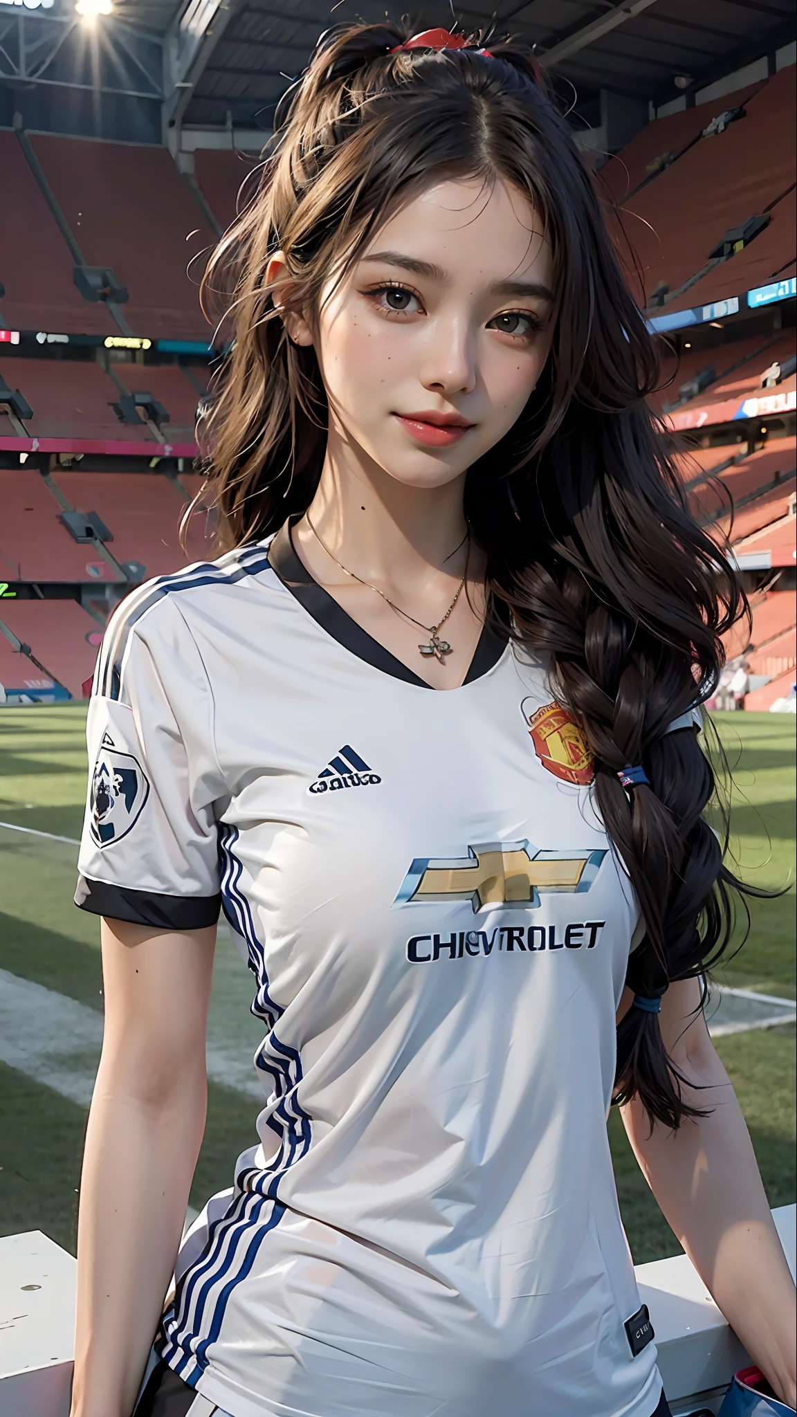 1girl, long hair, hairstyle, blush, lovely smile, ((Manchester United soccer jersey)), big breasts, (curvy), professional make-up, necklace, football stadium vacation, (cyberpunk), dynamic light, dynamic angle,