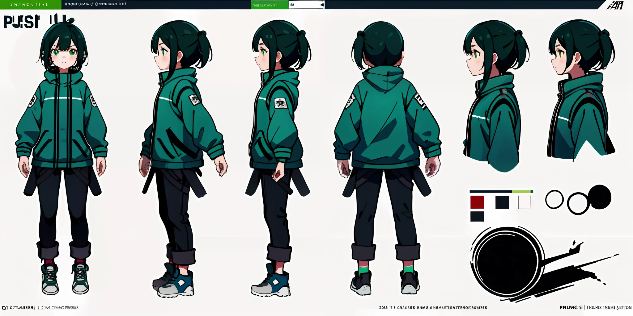 ung girl, Character sheet, Concept art, Full body, (Representative work: 1.2), (Best image: 1.3), 1 girl, Standing, Punk, Light green eyes, Black hair