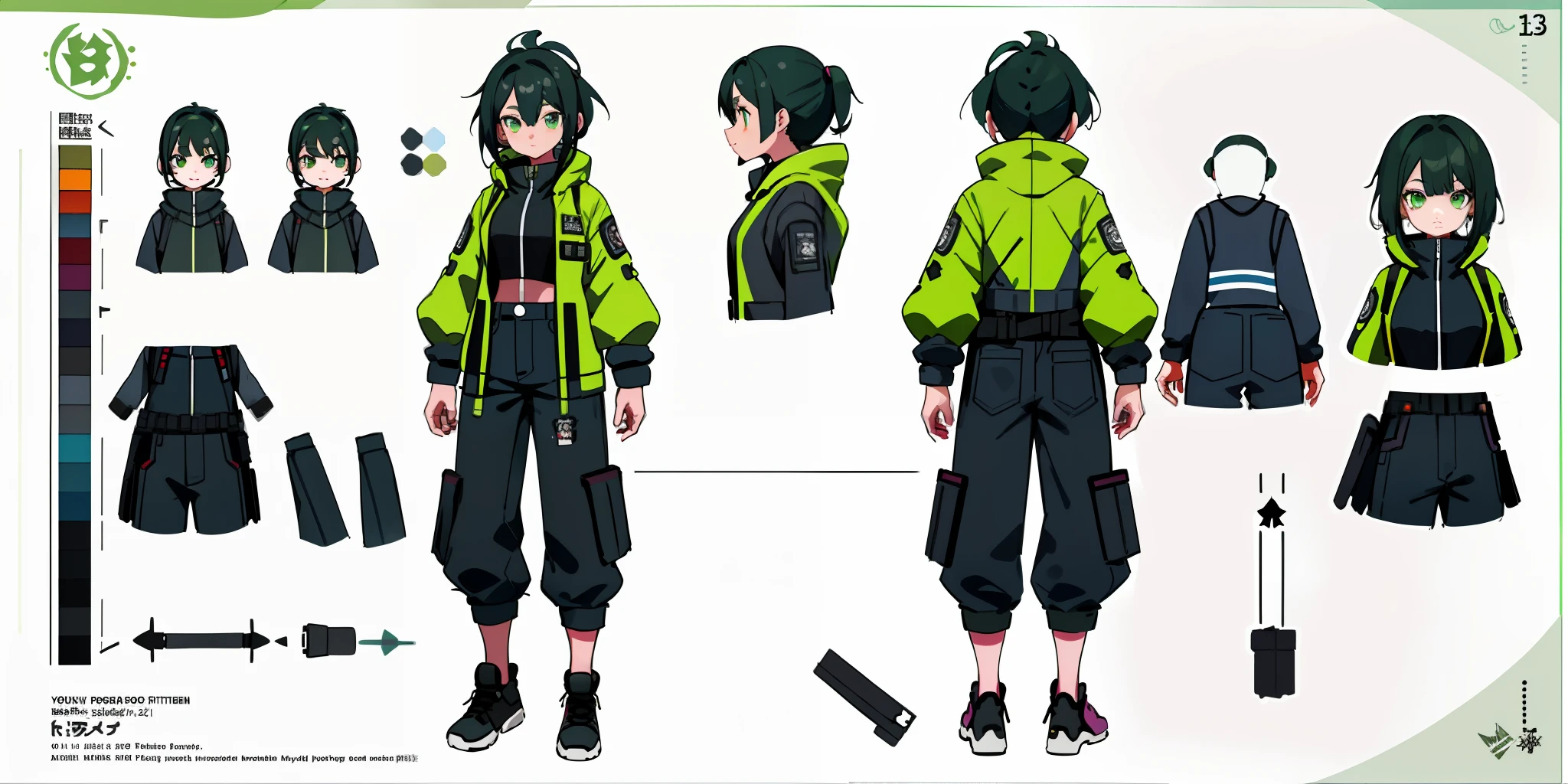 ung girl, Character sheet, Concept art, Full body, (Representative work: 1.2), (Best image: 1.3), 1 girl, Standing, Punk, Light green eyes, Black hair