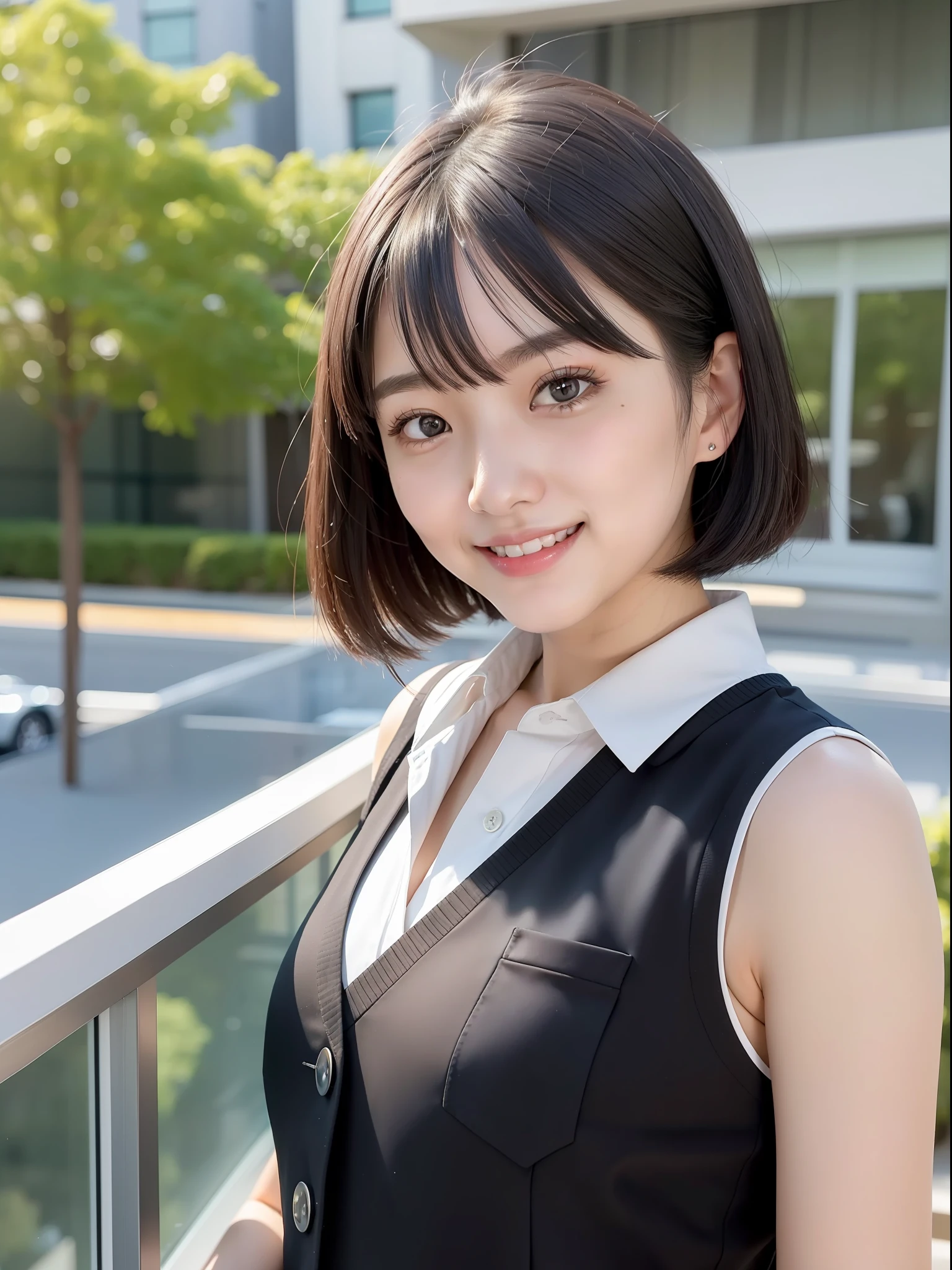 20 years old Japan woman, shoulder-length straight black hair, smiling showing teeth, neat, intelligent, small, looking at camera, realistic, top quality, detailed background, wearing vest, office, building from window, detailed background, diffused sunlight, depth of field, bokeh, indoors, receptionist