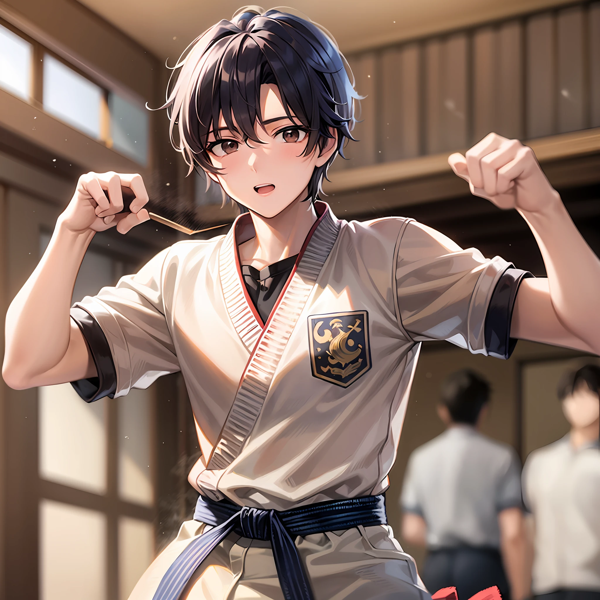 Boy, 20 years old, short brown hair, brown eyes, wearing a martial arts uniform, the scene is in the dojo