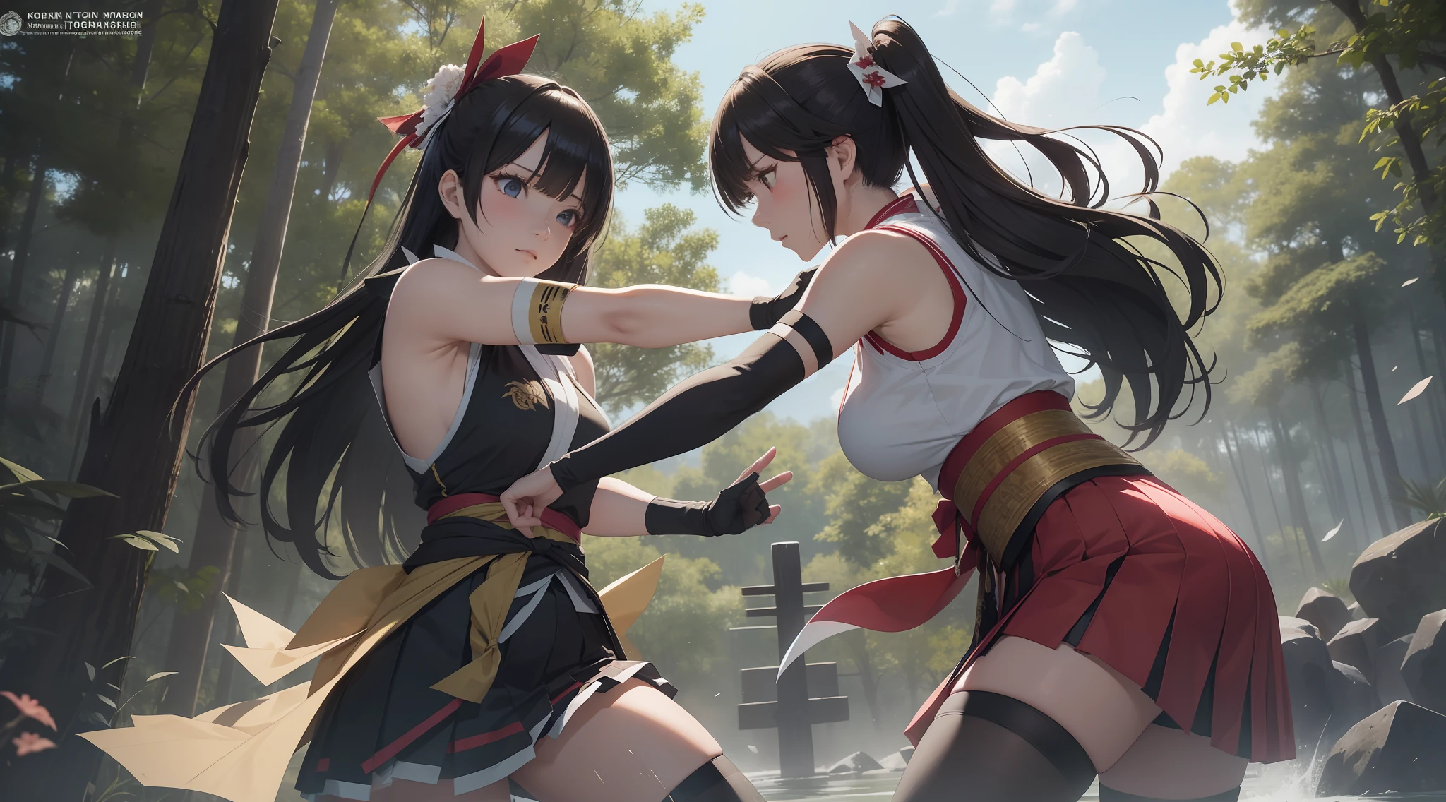 Full body shot from head to feet, two adult female character from Dead or Alive. A thrilling and intense masterpiece depicting a deadly duel between Kokoro versus Hitomi, both expert swordswomen, with the fight reaching a climactic moment of truth. The dynamic action capture the moment as Hitomi takes a lethal blow and succumbs to her injuries, leaving Kokoro as the sole victor in this high-stakes battle. Kokoro have long loose hair. Hitomi have long loose hair. Kokoro wear traditional sleeveless kimono, obi tied on the back hip, black long gloves, medium skirt, and black thigh highs. Hitomi wear traditional sleeveless kimono, obi tied on the back hip, black long gloves, medium skirt, and black thigh highs. Background set on lush forest, with no effect.