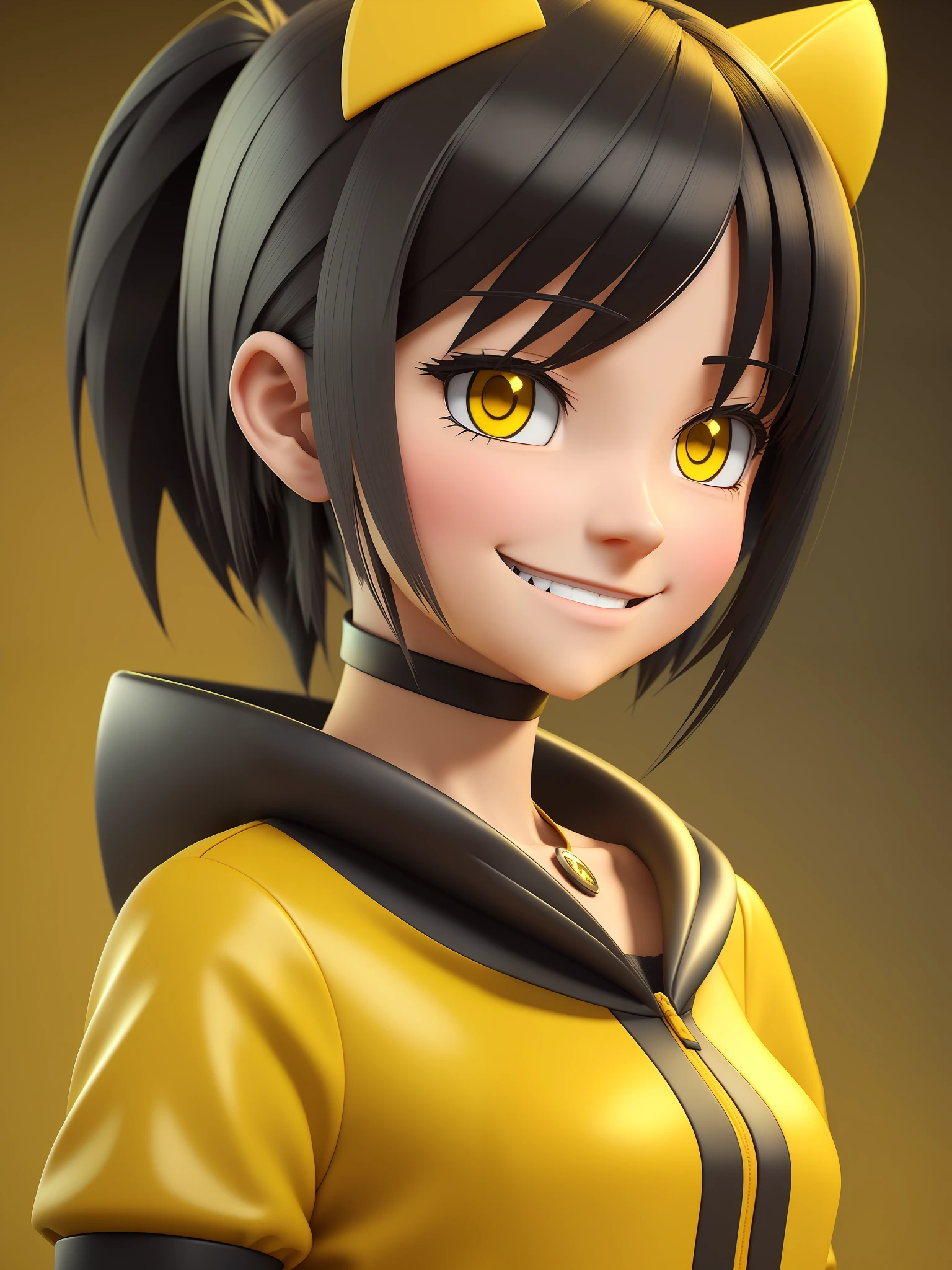 Young girl, a cartoon character dark yellow outfit, expression with ((melancholic smile)), (dark hair up to shoulder), yellow eyes, stylized character, animation character, stylized 3d render, 3d character, highly detailed character, stylized anime, stylized 3d, render character, character model, close up, maximum quality