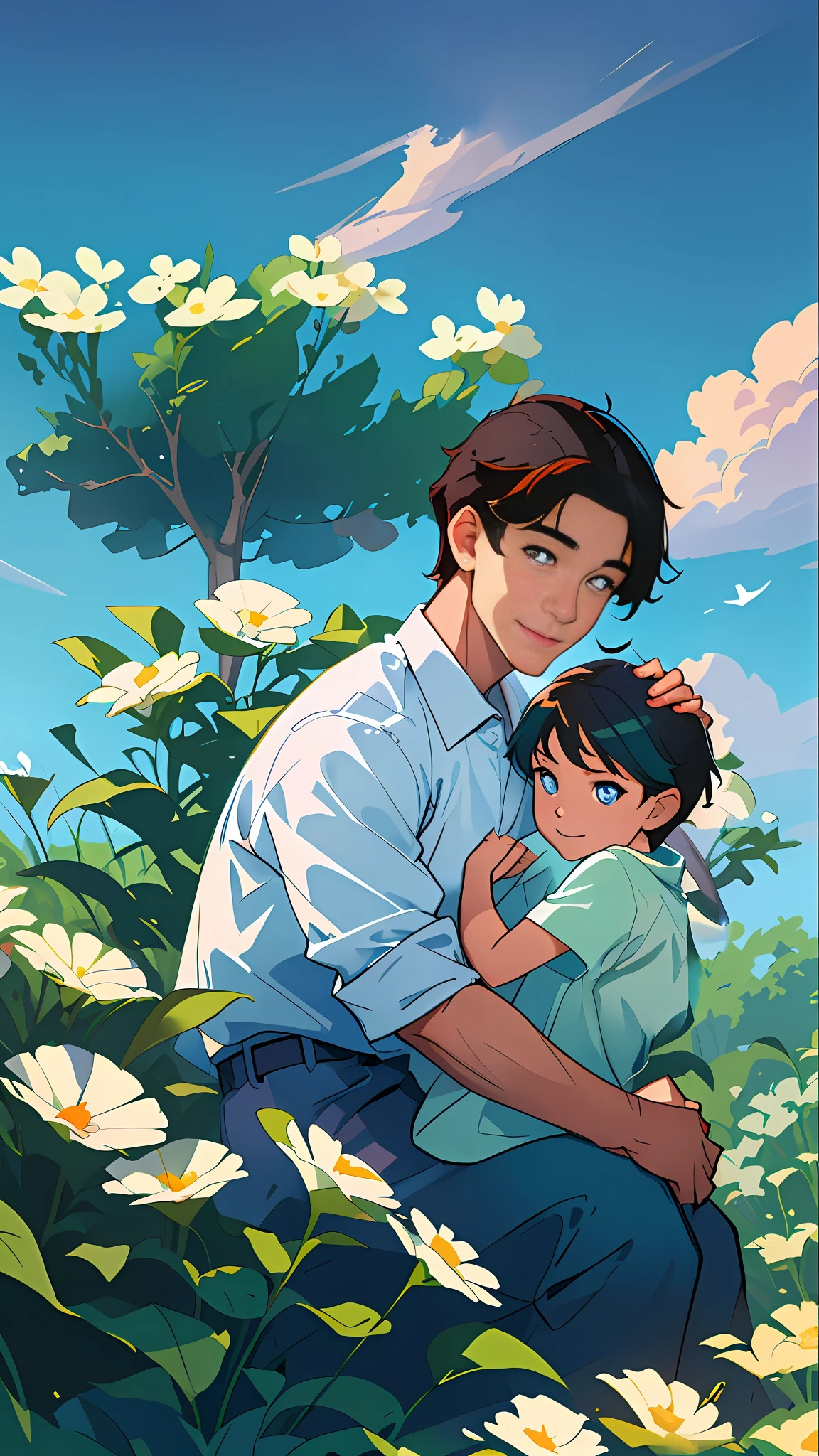 anime man and boy hugging in a field of flowers, by Eizan Kikukawa, official art, makoto shinkai and (cain kuga), sakimichan and makoto shinkai, moebius and makoto shinkai, ( ( makoto shinkai ) ), ross tran and makoto shinkai, official fanart
