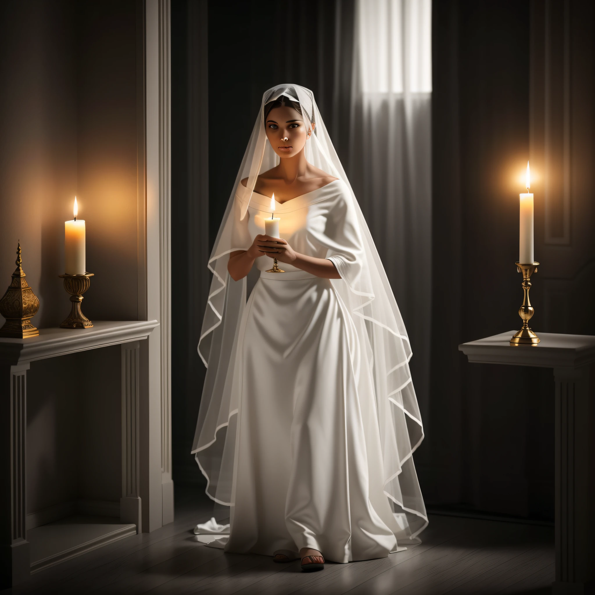 It was a dark night when a mysterious woman, wearing a white veil that contrasted with her grim gaze, entered that dark, empty room. Her footsteps were silent and determined as she made her way toward the only source of light present: the candle that struggled to keep itself lit.