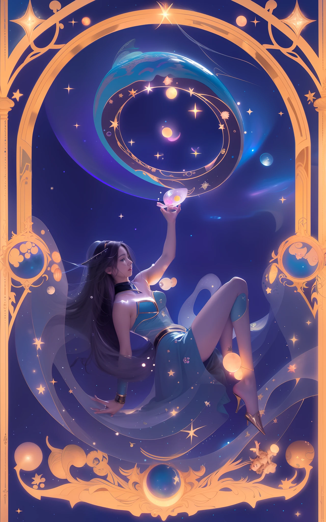 Anime character framed with starry sky background, anime Art Nouveau space display, official fan art like tarot card, [tarot card]!!!!!, Jen Barthel, Celestial Witch, Secret Art Style, Beautiful Celestial Mage, Goddess of Space and Time, Official Art, Star Tarot Card, Art Nouveau Anime, Floating in Space, There Is a Woman Who Drowns in Water, Anime Modern Space Display,  like Tarot Card, Major Arcana Mason Star, Beautiful Water Magician, Star Tarot Card, Secret Art Style, [Tarot Card]!!!!!, Water Witch, Tarot Card Art, Tarot Card Design, Mona, Genshin Impact, Magic Circle, Magic Circle, Writing, Girl Reaches for Circle, Tone T Girl in Water, Girl Holding Star, Water with Stars, Cosmic Water, Fish, Space Fish, Mysterious Atmosphere,  Jellyfish Sanctuary Virgo, Moon Goddess, Ocean Goddess, Medusa Priestess, Anime Goddess, Jellyfish Temple Virgo 8k like tarot card, girl holding the moon, golden frame in front, moon behind girl, waves, girl standing in waves, fog behind girl, city in the background, flat style, lot of details, sinks, falls, back down, profile, stars, waves, space