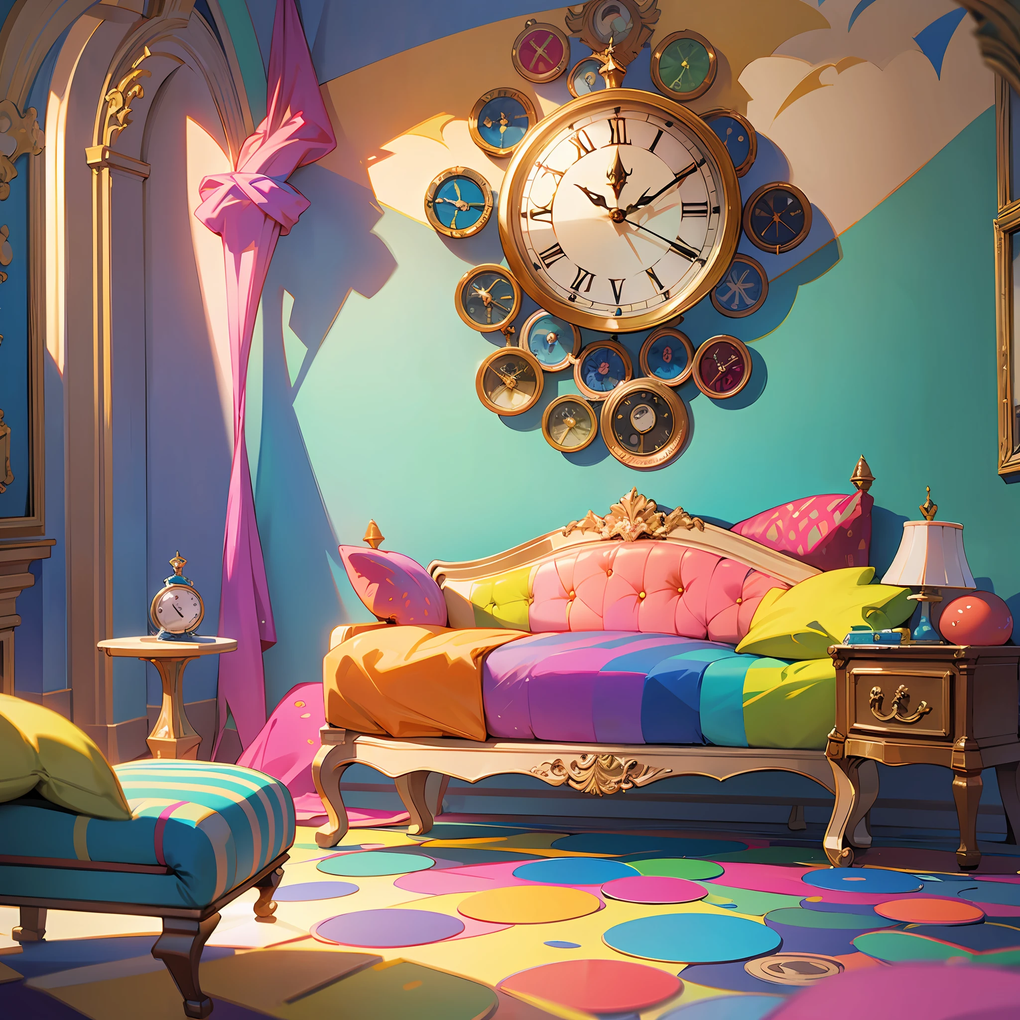 a colorful fantasy room with clocks on the walls, on the furniture and on the floor --auto --s2