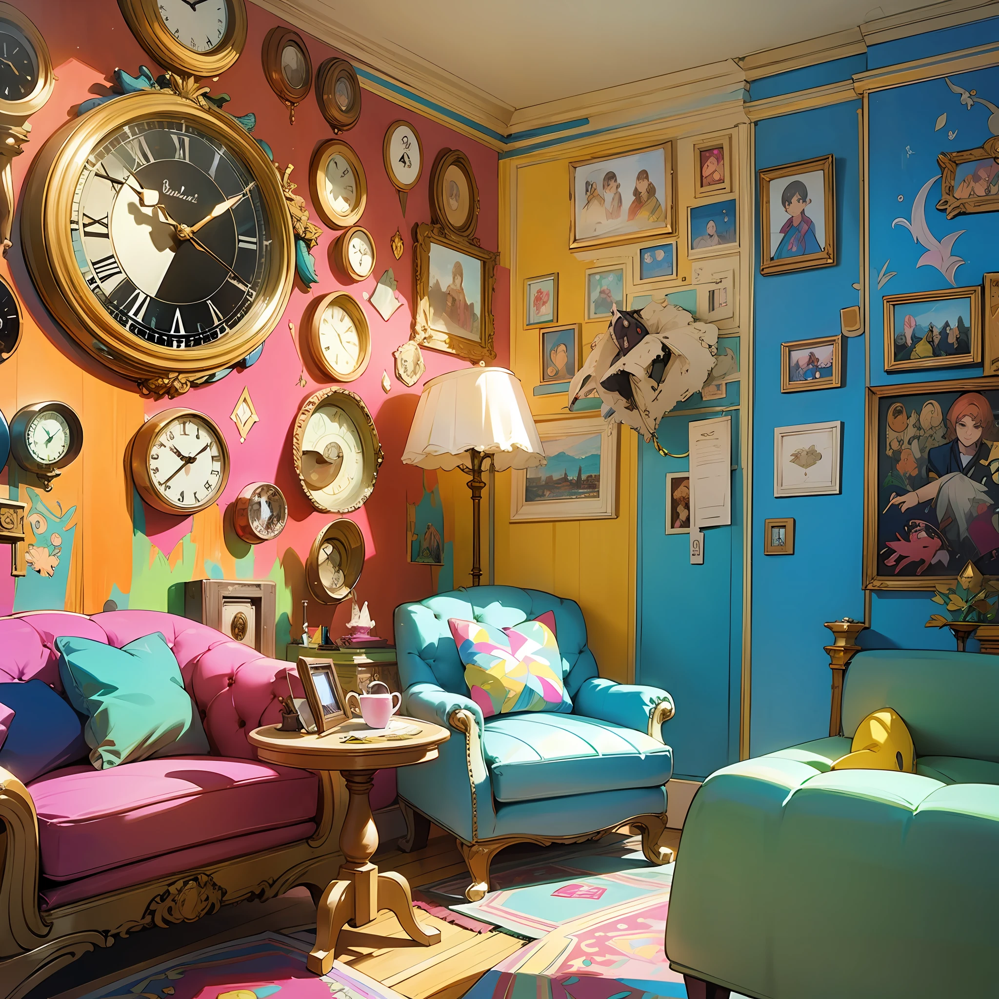 a colorful fantasy room with clocks on the walls, on the furniture and on the floor --auto --s2