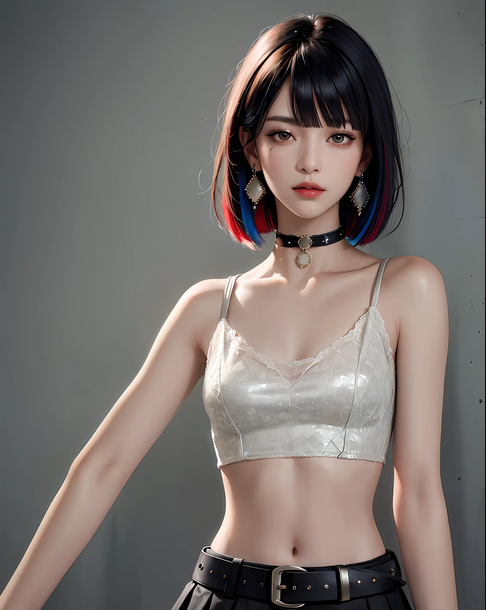 (masterpiece, best quality, 1girl, solo, intricate details, chromatic aberration), (realistic),(skin), ((breath)),(black hair,blunt bangs),detailed hair, red head ornament, blue highlights, hair over one eye,black eyes, small earrings, sharp eyes, choker,((black crop top )),(black skirt),(belt),open waist,(symmetry eyes),(perfect symmetrical body), night,(((natural light))),backlighting,against grey  wall, dim lighting ,look at viewer,((centered shot, from front,(face and waist)))
