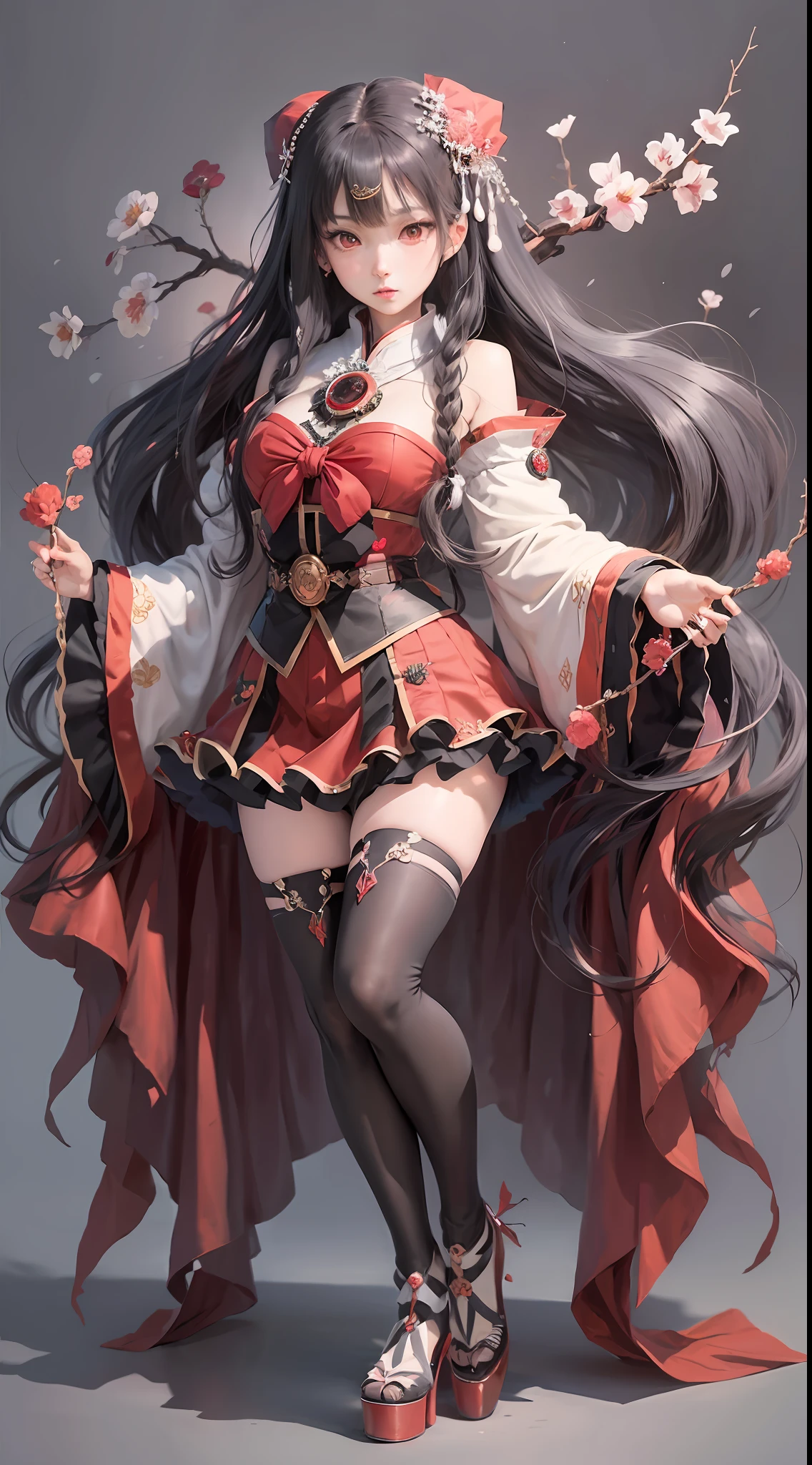masterpiece, best quality, 1girl,houraisan kaguya, jeweled branch of hourai,branch,black hair,long hair,red eyes,skirt, wide sleeves,grey background, look viewer, (full body)