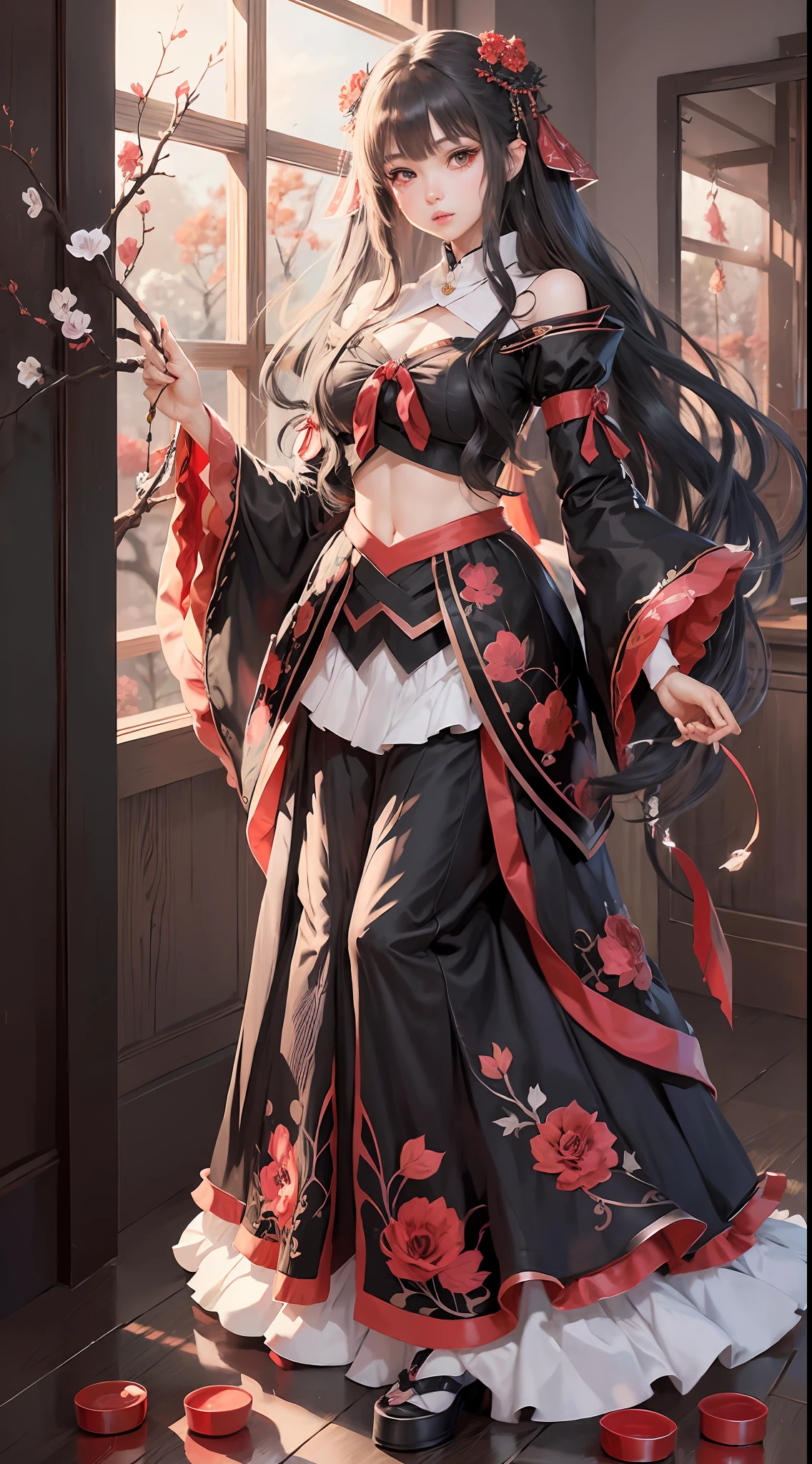 masterpiece, best quality, 1girl,houraisan kaguya, jeweled branch of hourai,branch,black hair,long hair,red eyes,skirt, wide sleeves,grey background, look viewer, (full body)