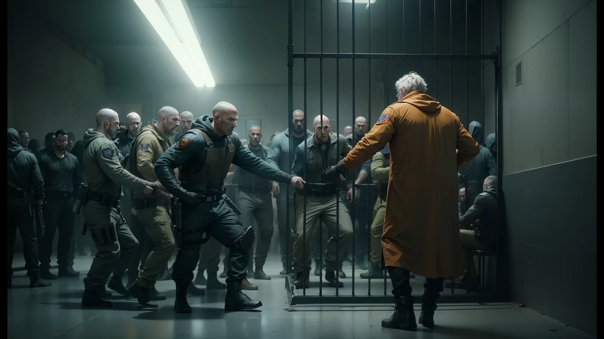 man with gun in orange jacket standing in front of group of men in prison, by roger deakins, still from marvel movie, prison scene, cinematic style by zack snyder, still from voldemort movie, screenshot from 300 movie, film still from the cyborg, still from the matrix --auto --s2